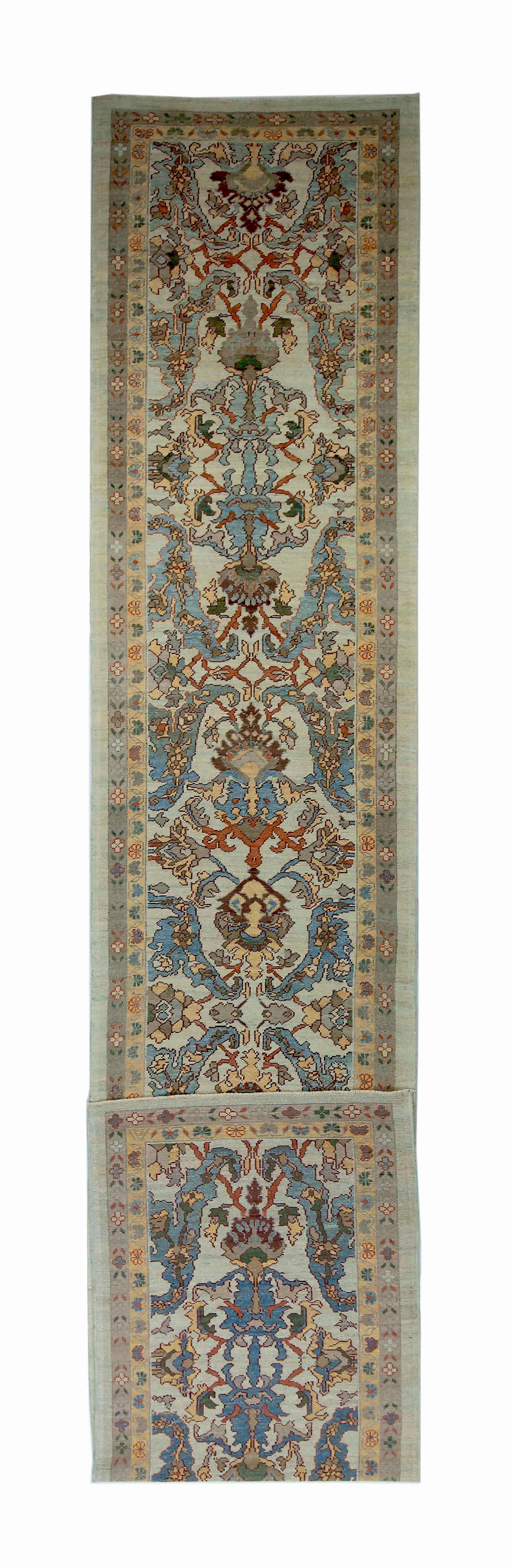 Hand-Woven New Turkish Oushak Runner Rug with Brown and Blue Floral Details on Ivory Field For Sale