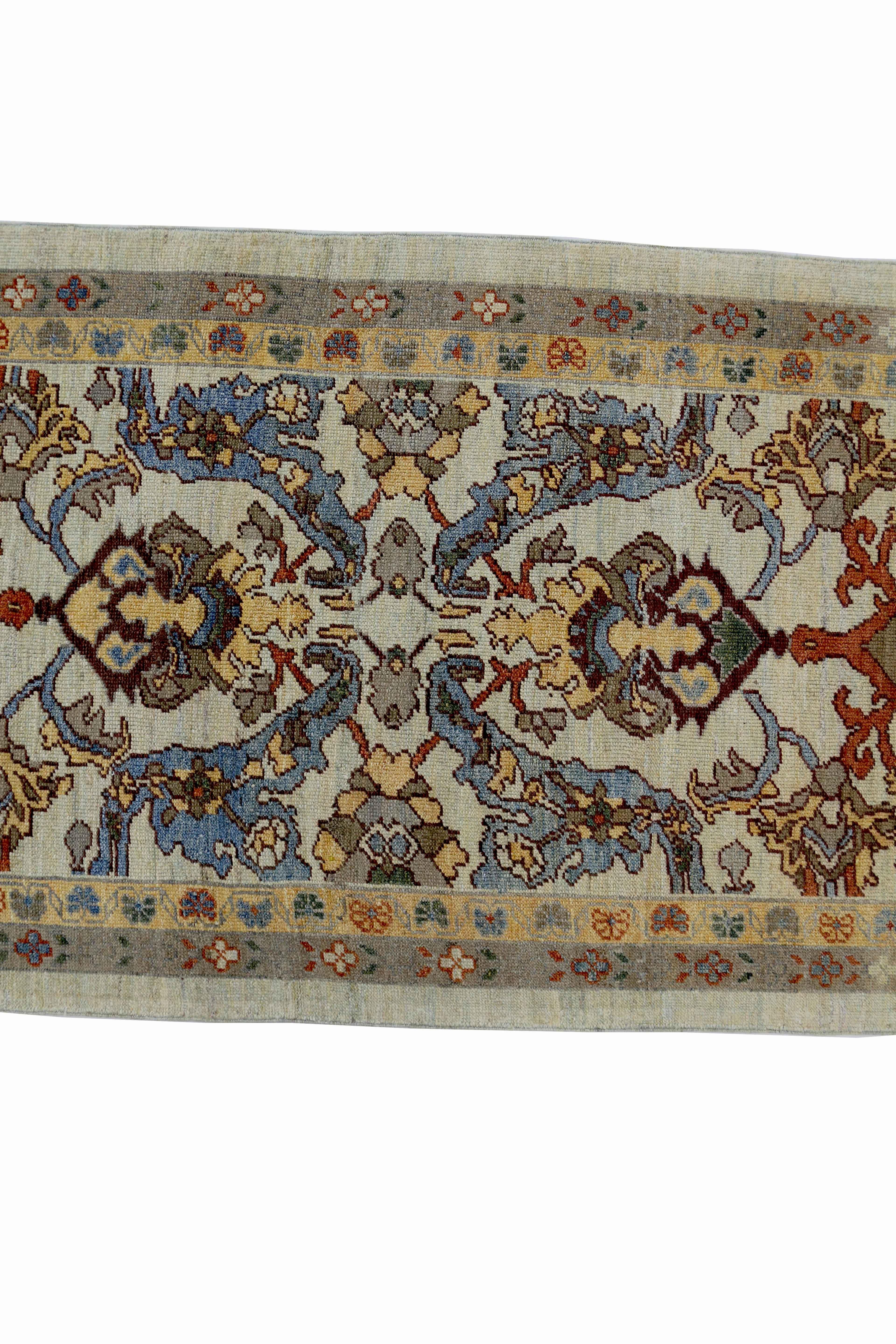 Contemporary New Turkish Oushak Runner Rug with Brown and Blue Floral Details on Ivory Field For Sale