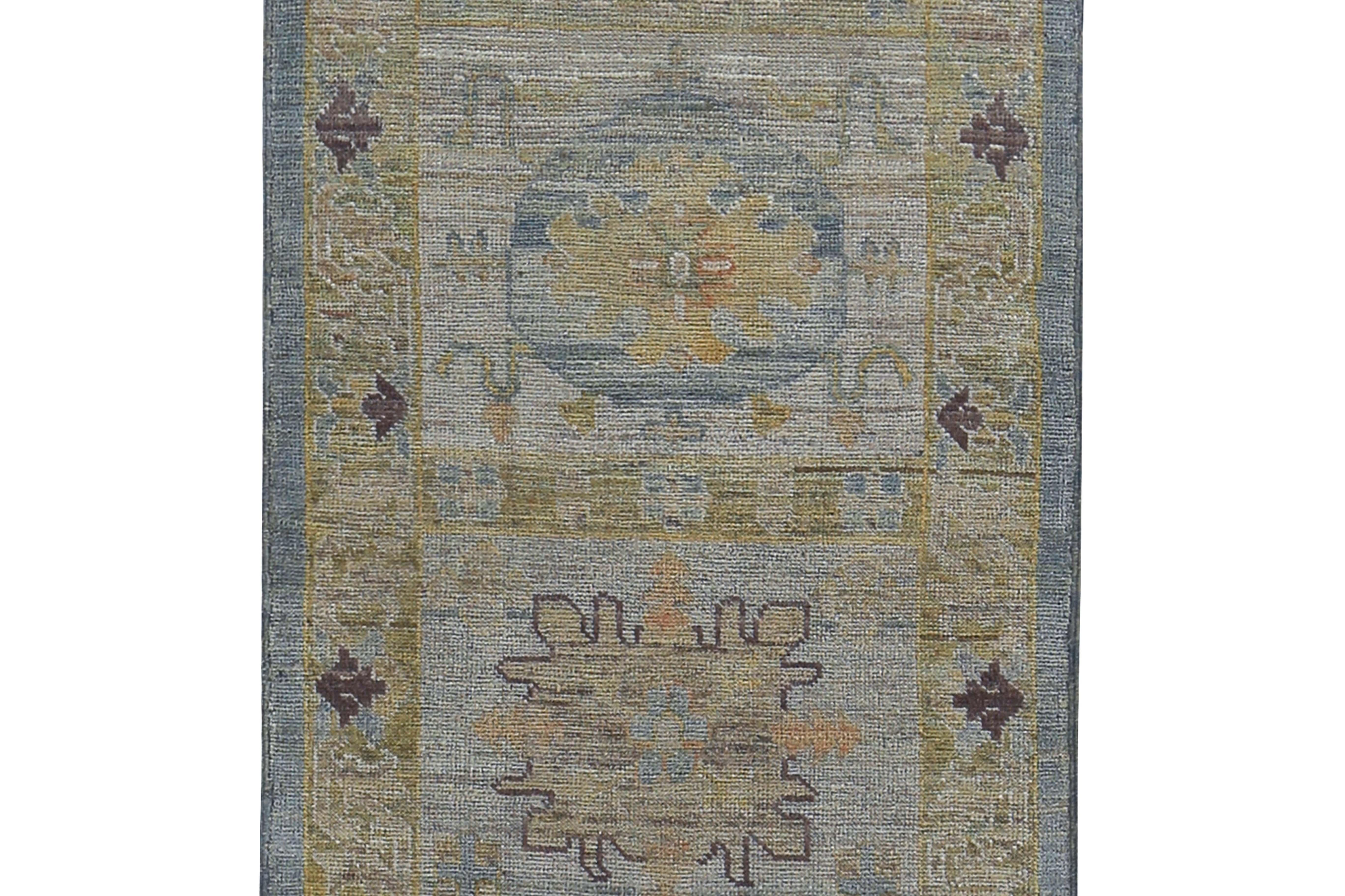 Hand-Woven New Turkish Oushak Runner Rug with Brown and Yellow Floral Details on Blue Field For Sale