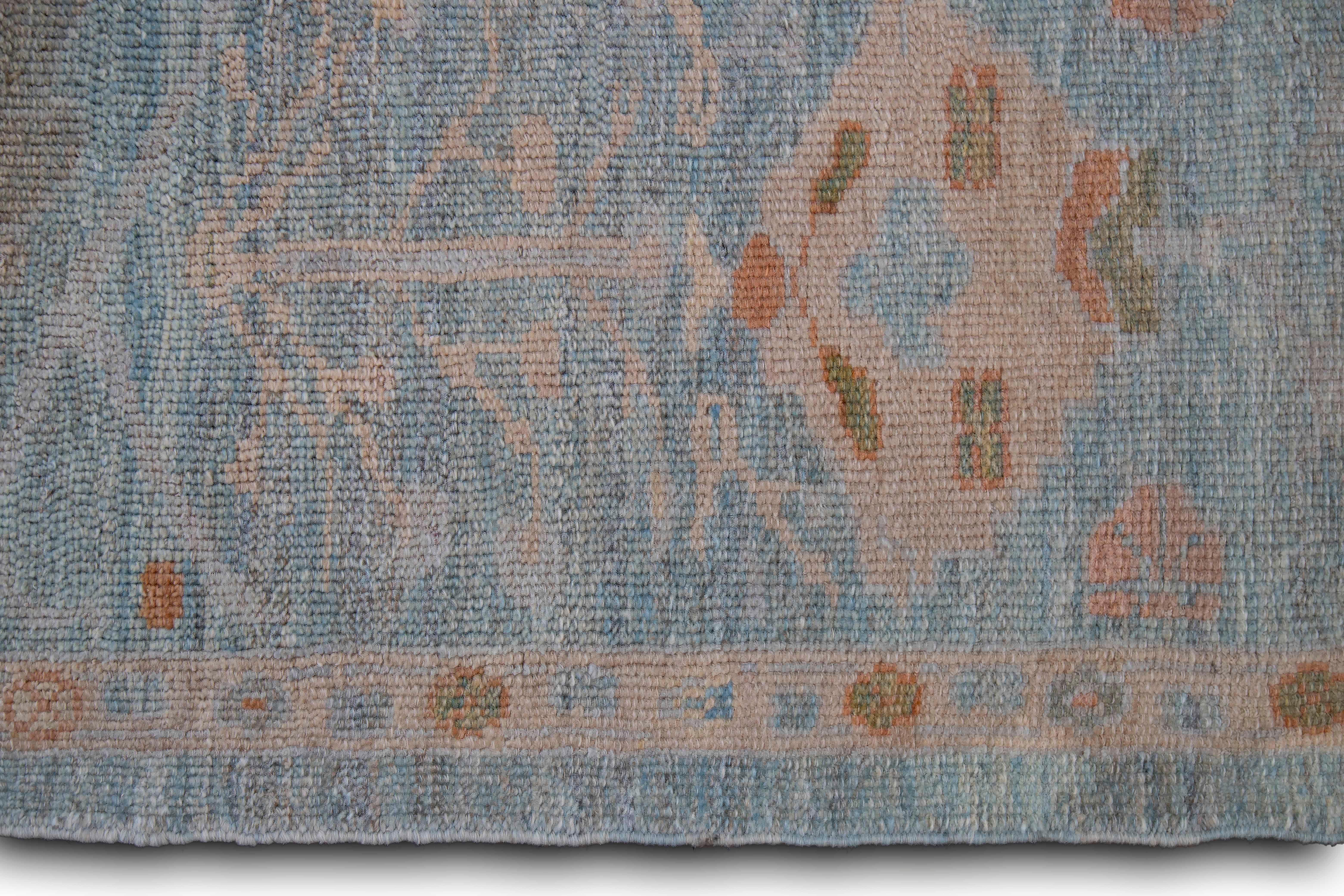 Contemporary New Turkish Oushak Runner Rug with Green and Pink Floral Details on Blue Field For Sale