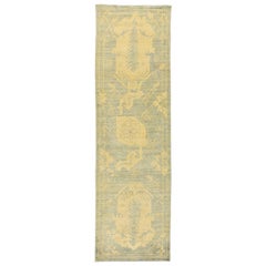 New Turkish Oushak Runner Rug with Ivory Botanical Details on Blue Field