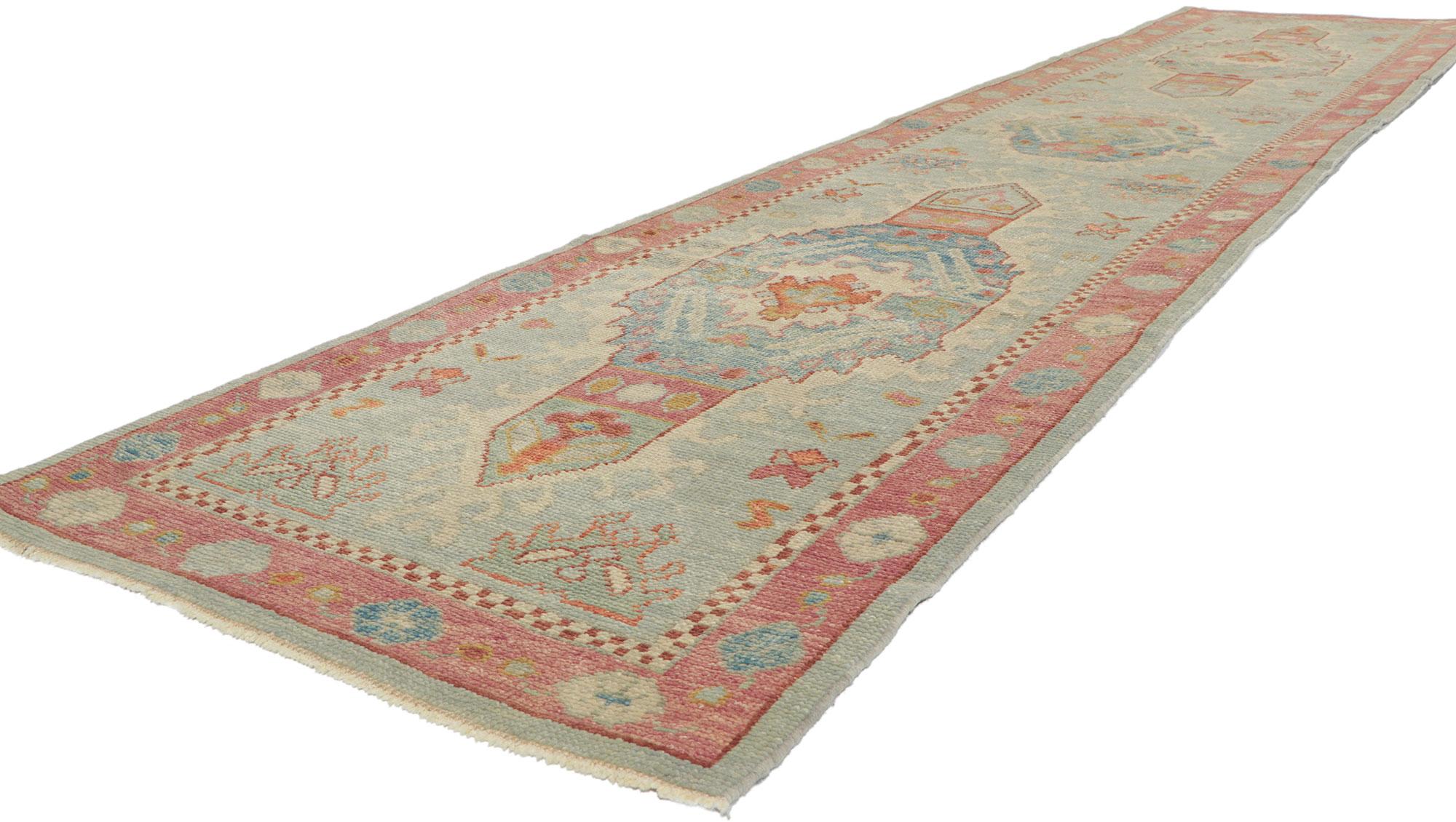 53810 new Turkish Oushak Runner with Hacienda Boho style, 02'11 x 13'09. With its expressive tribal design, incredible detail and texture, this hand-knotted wool contemporary Turkish Oushak runner is a captivating vision of woven beauty. The