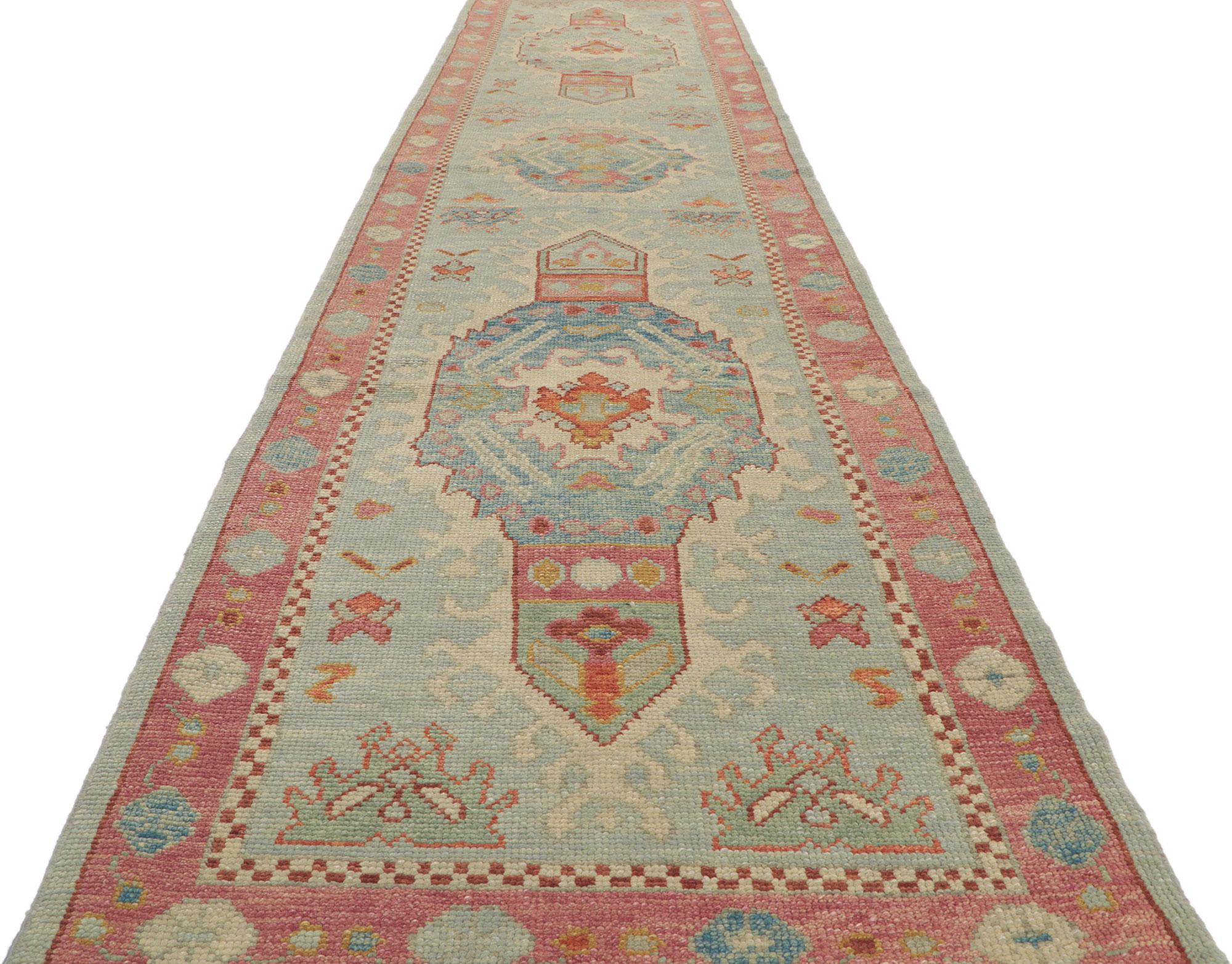 Hand-Knotted New Turkish Oushak Runner with Hacienda Boho Style For Sale
