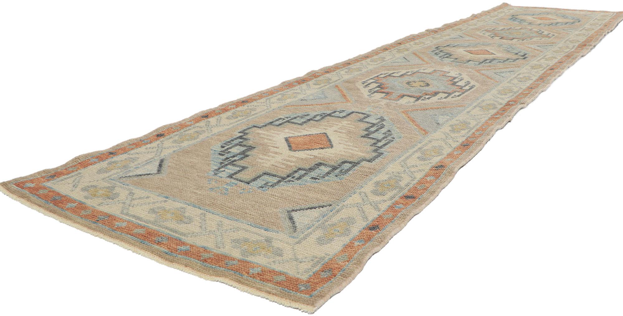 53806 New Turkish Oushak Runner with Modern Hacienda Style, 02'11 x 13'02. With its expressive tribal design, incredible detail and texture, this hand-knotted wool contemporary Turkish Oushak rug is a captivating vision of woven beauty. The abrashed