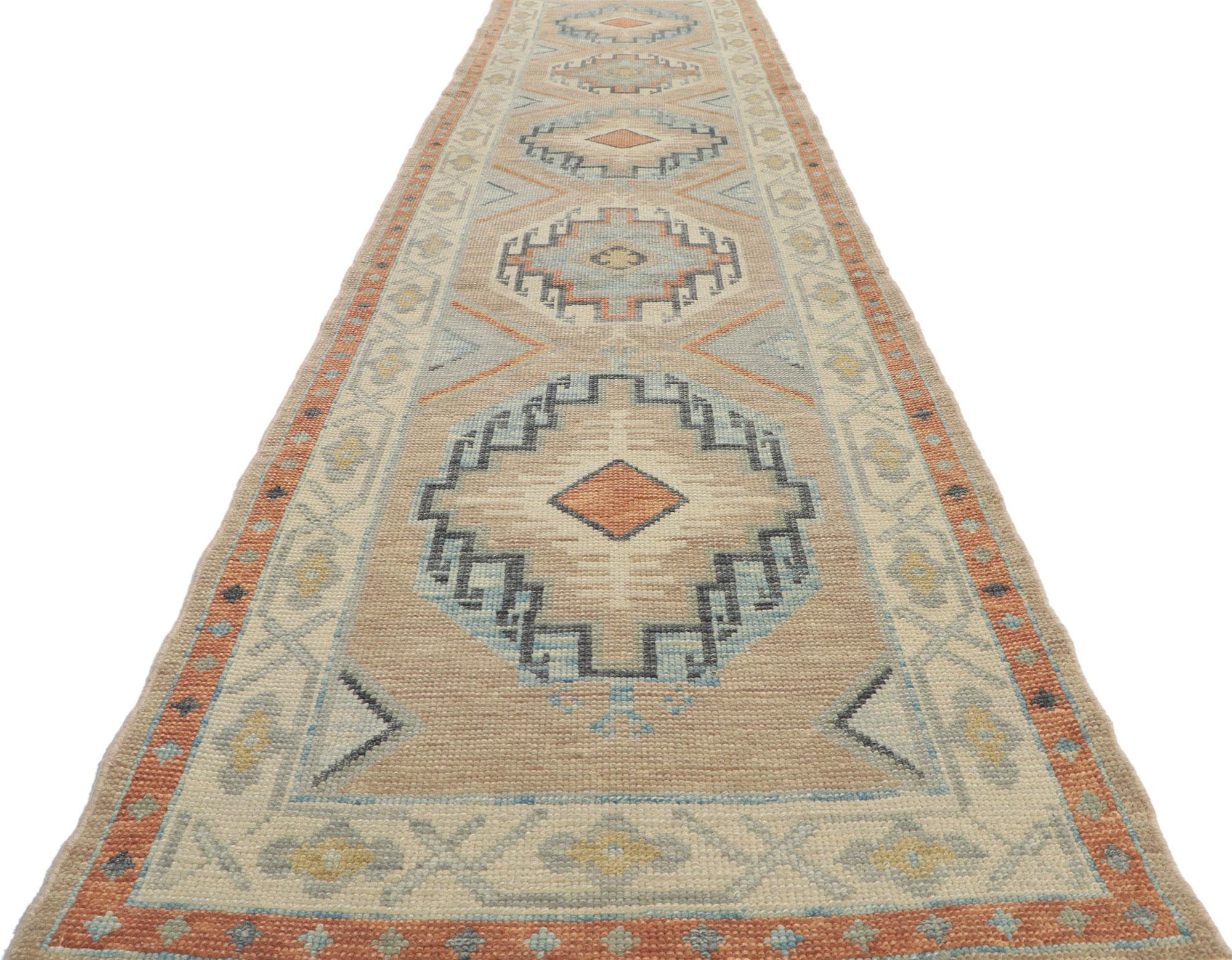 Hand-Knotted New Turkish Oushak Runner with Modern Hacienda Style For Sale