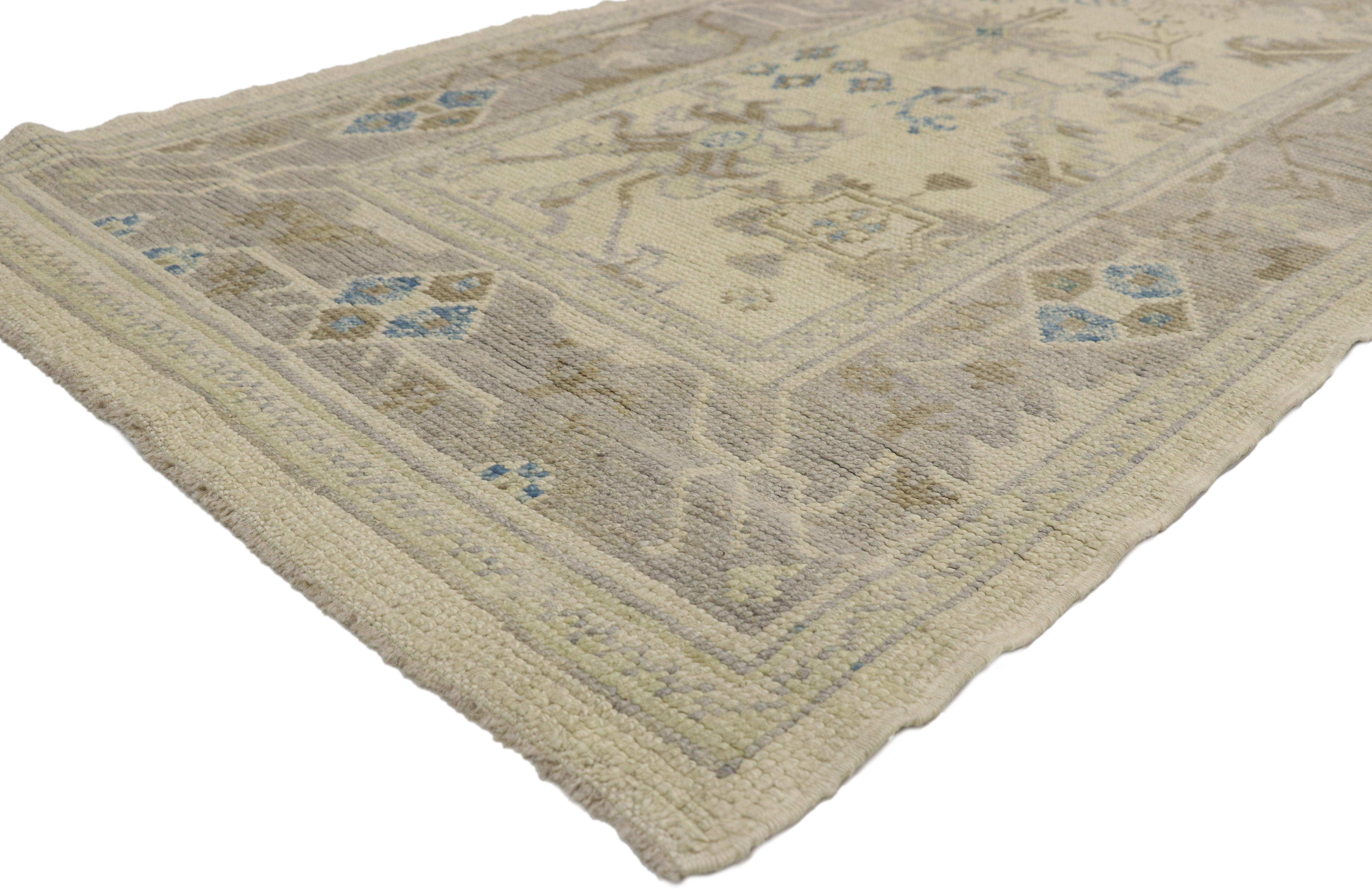 51633 New Transitional Turkish Oushak Runner with Hampton's Chic Coastal Style 03'04 x 13'04. This hand-knotted wool new Turkish Oushak runner features an all-over geometric pattern composed of blooming palmettes, stylized flowers, organic shapes,