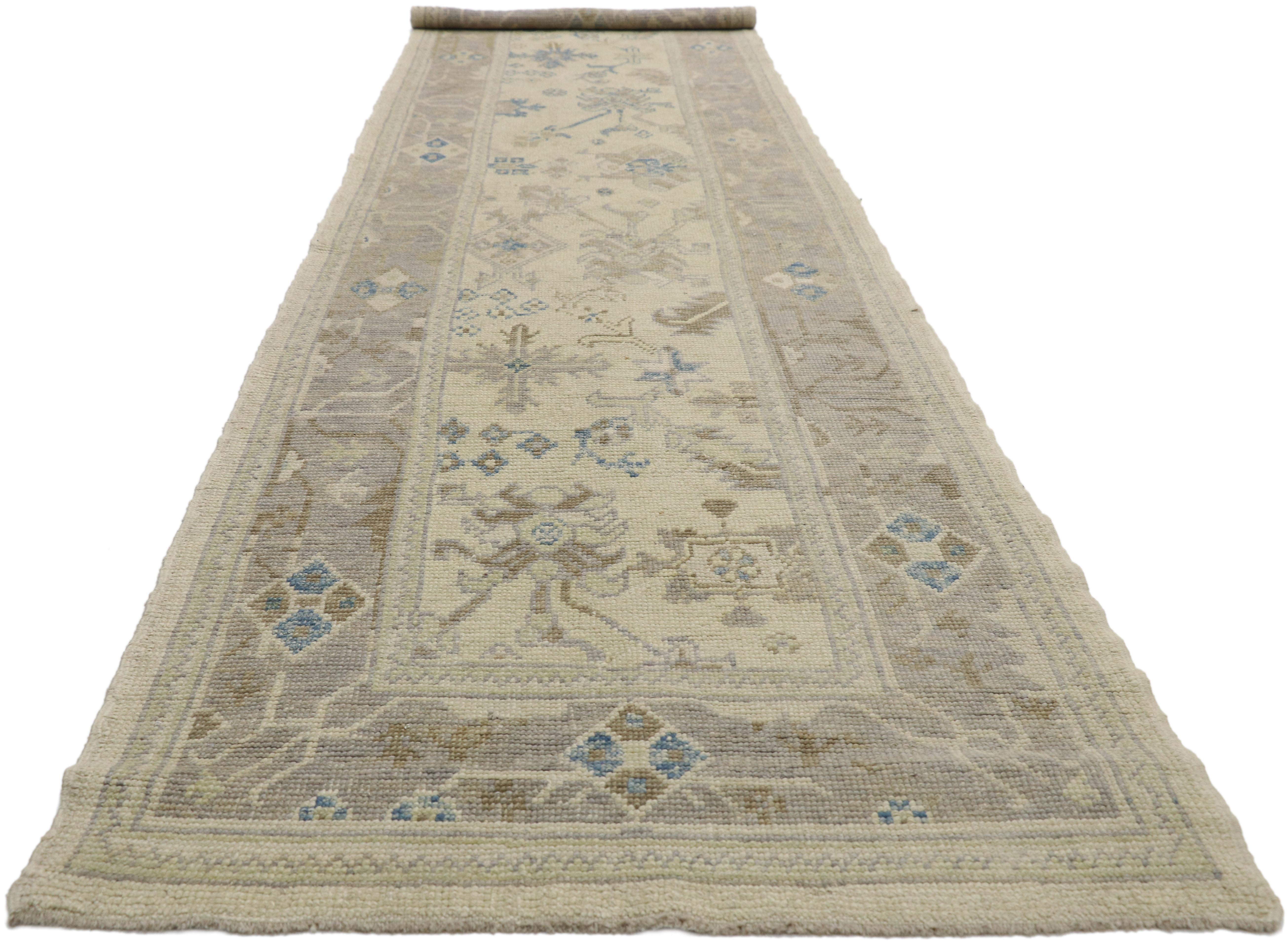 Hand-Knotted New Transitional Turkish Oushak Runner with Hampton's Chic Coastal Style For Sale