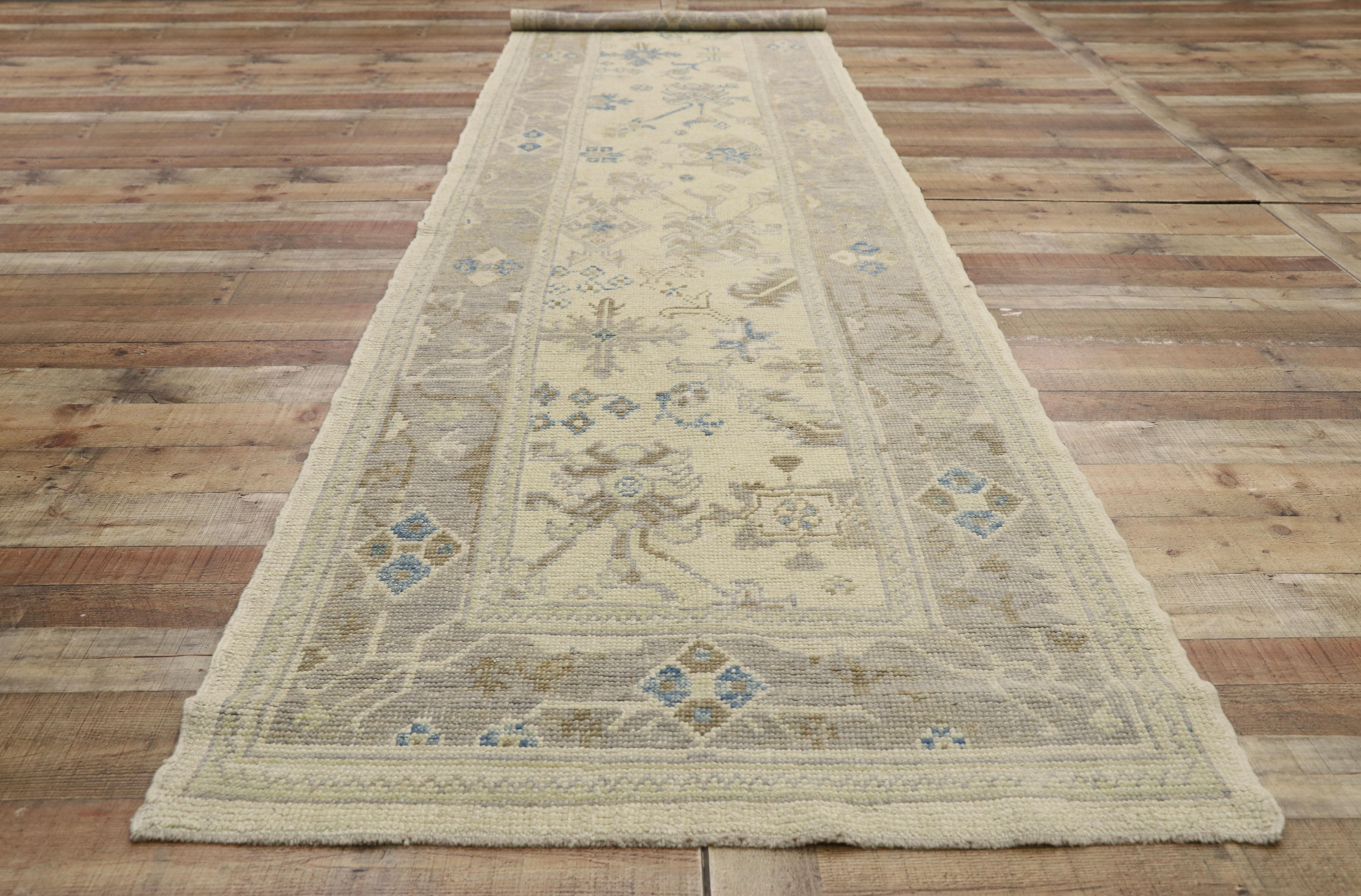 New Transitional Turkish Oushak Runner with Hampton's Chic Coastal Style For Sale 1