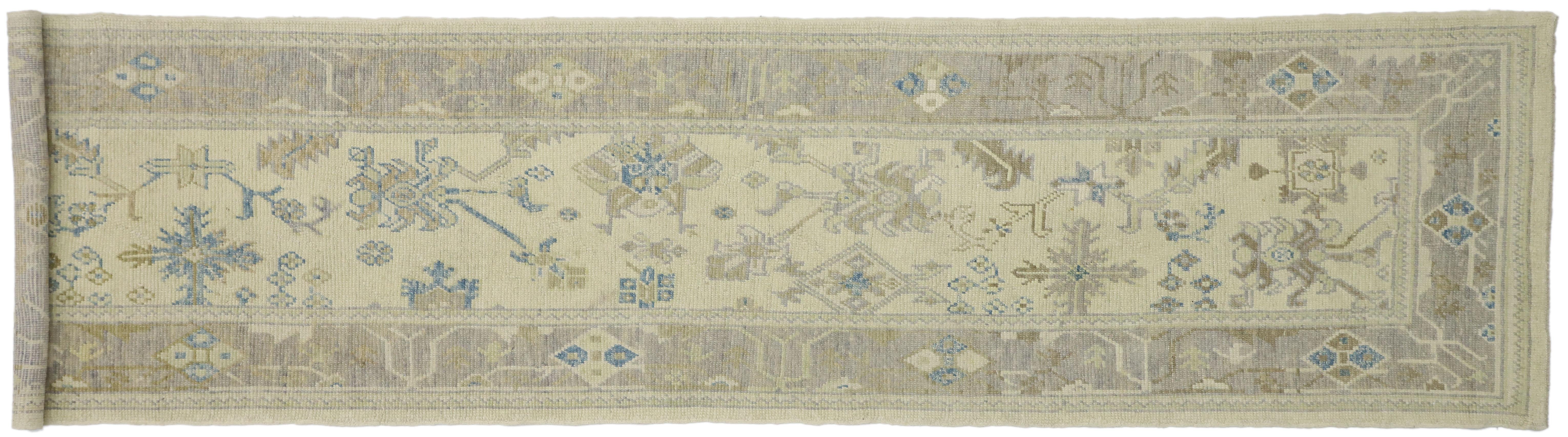 New Transitional Turkish Oushak Runner with Hampton's Chic Coastal Style