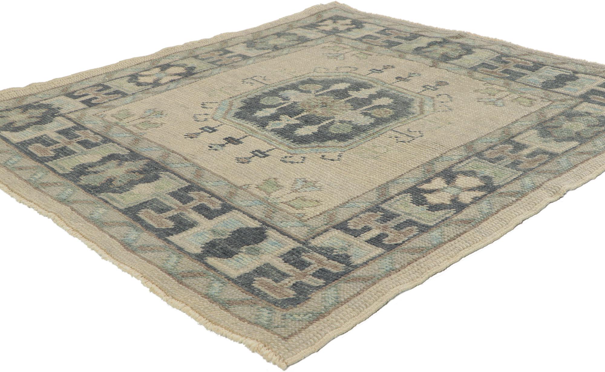 53812 new Turkish Oushak square accent rug with Modern style, 03'06 x 03'10. Polished and playful, this hand-knotted wool contemporary Turkish Oushak accent rug beautifully embodies a modern style. The abrashed bluish-grayish field features a