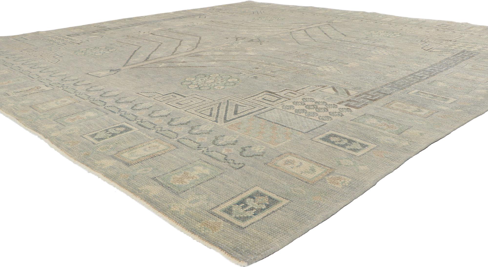 53800 New Contemporary Turkish Oushak Square Rug with Modern Style, 09'11 x 10'00. This exquisite hand-knotted wool contemporary Turkish Oushak rug is a true masterpiece, combining ancient traditions with modern aesthetics. Its intricate design