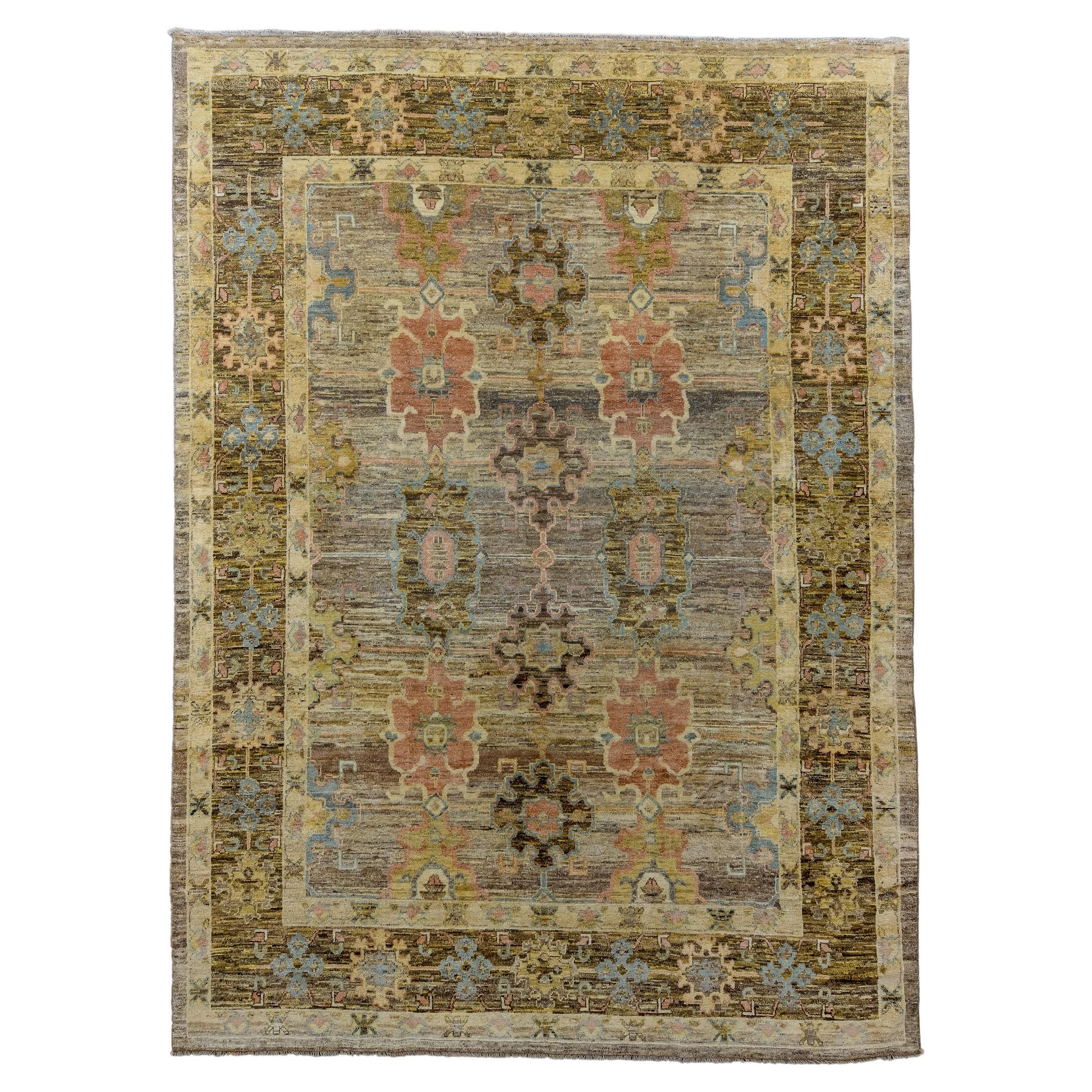 New Turkish Oushak with Abrashed Field Rosette Design For Sale