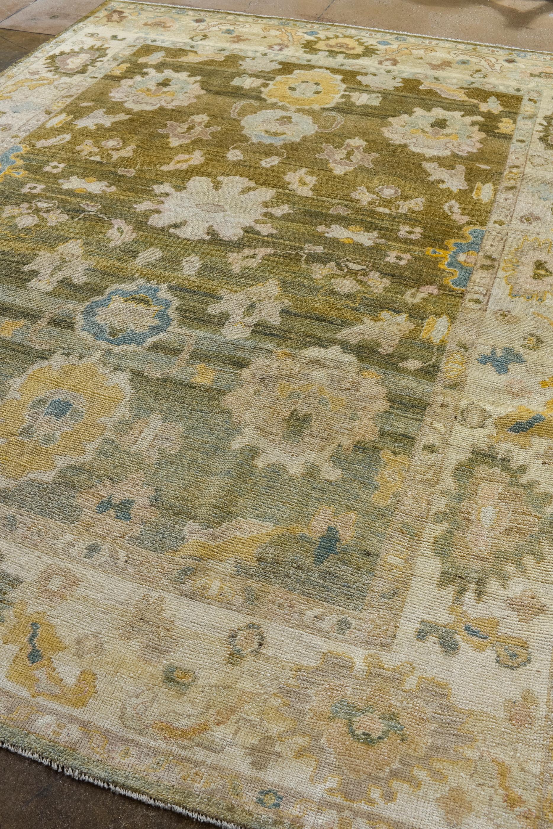 Hand-Knotted New Turkish Oushak with Green Field and Floral Designs For Sale