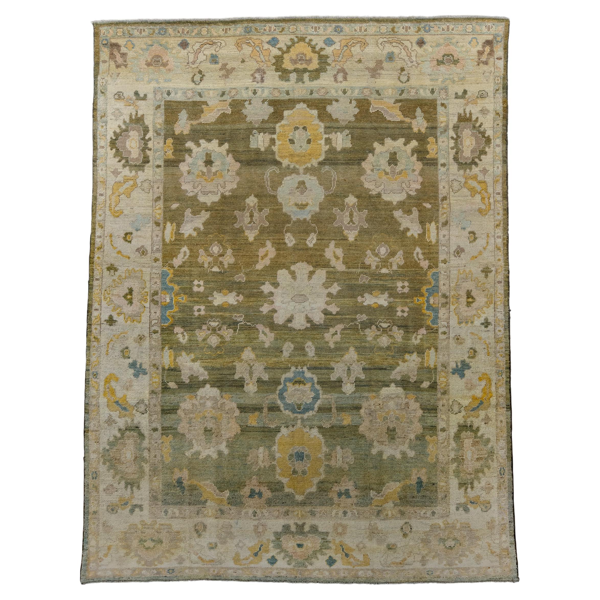 New Turkish Oushak with Green Field and Floral Designs For Sale