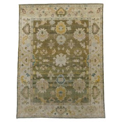 New Turkish Oushak with Green Field and Floral Designs