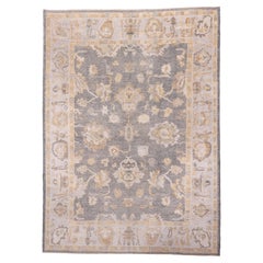 New Turkish Oushak with Green Grey Field and Palmette Design