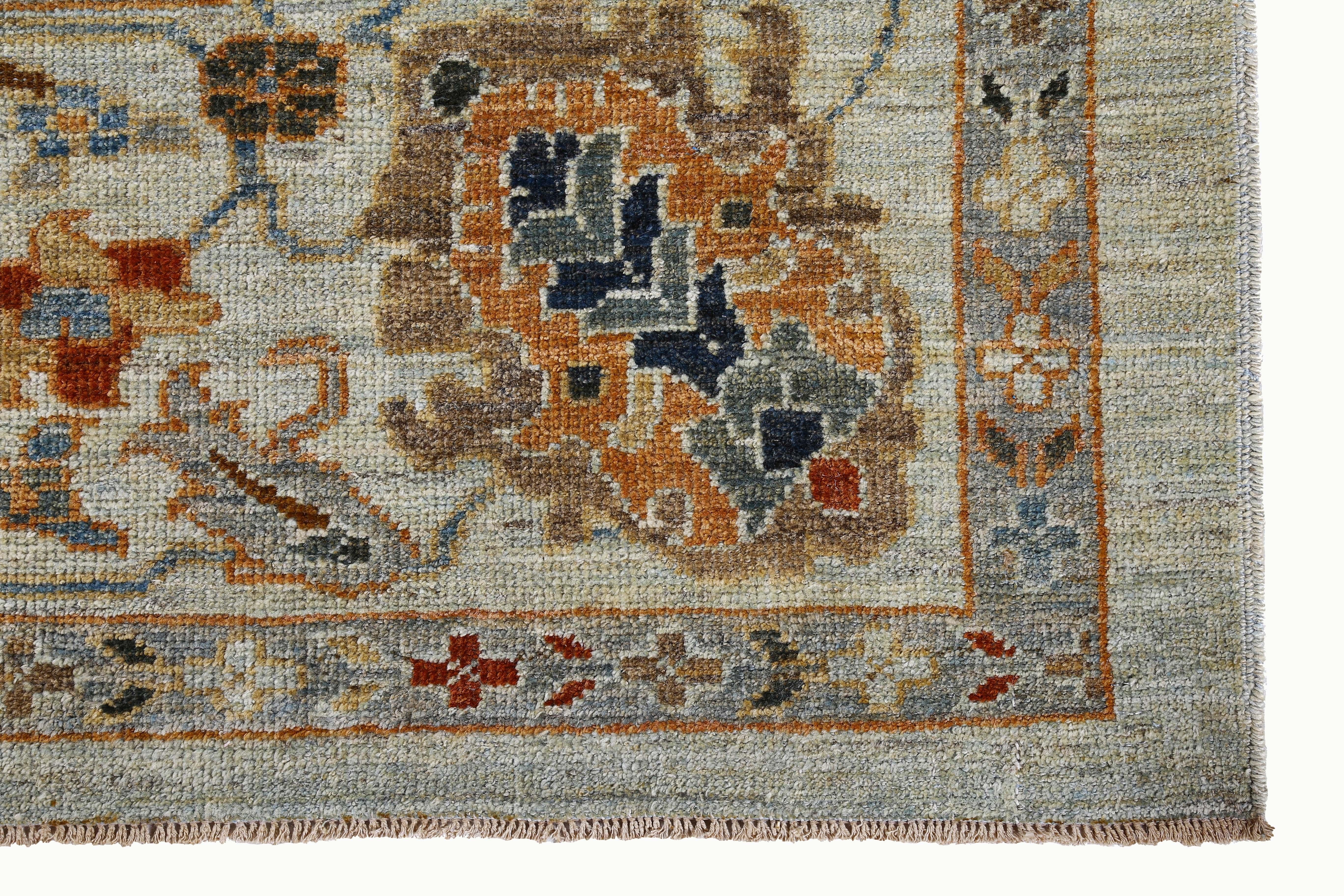 New Turkish Rug Sultanabad Design in Blue & Orange Botanical Details Green Field In New Condition For Sale In Dallas, TX