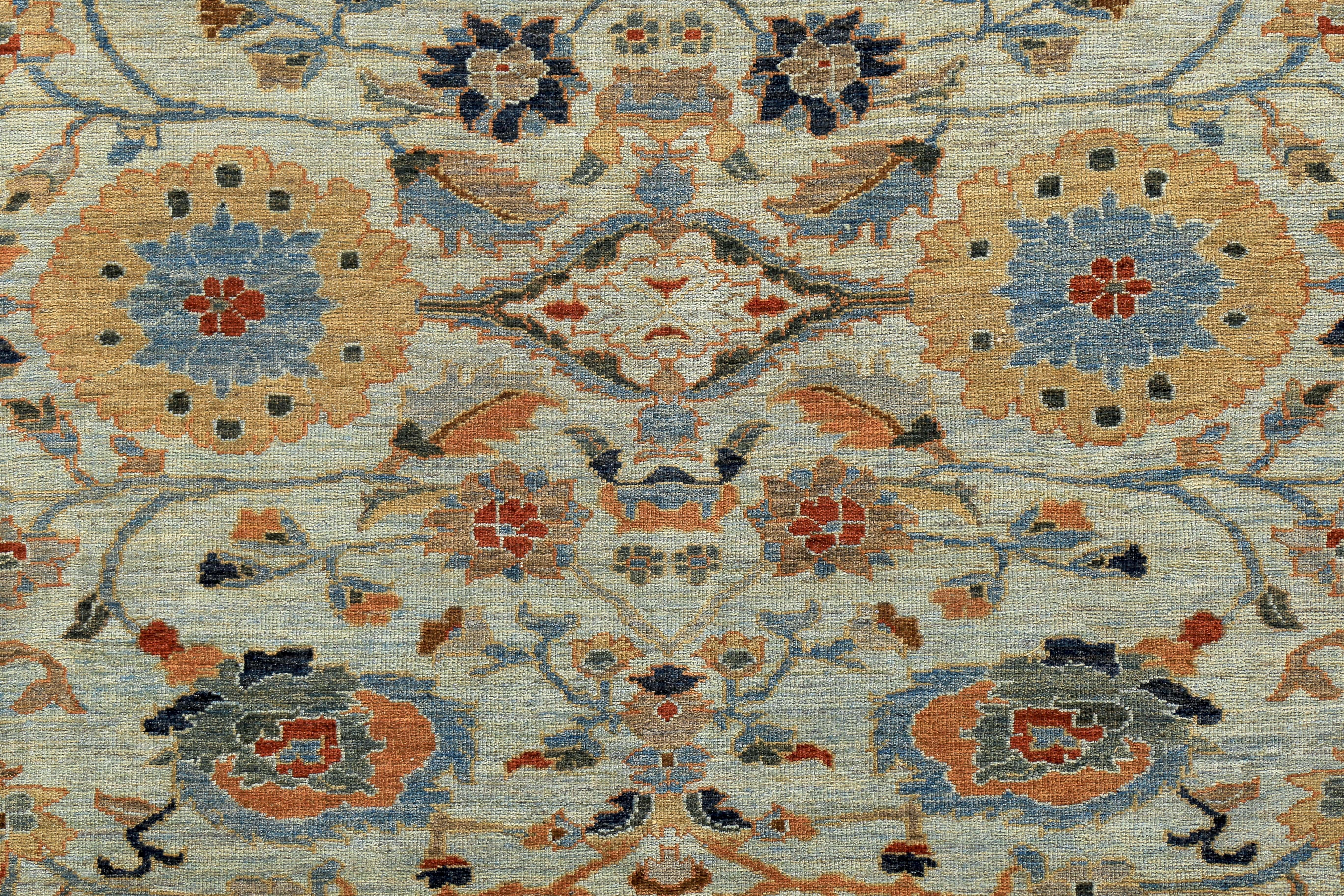 Wool New Turkish Rug Sultanabad Design in Blue & Orange Botanical Details Green Field For Sale