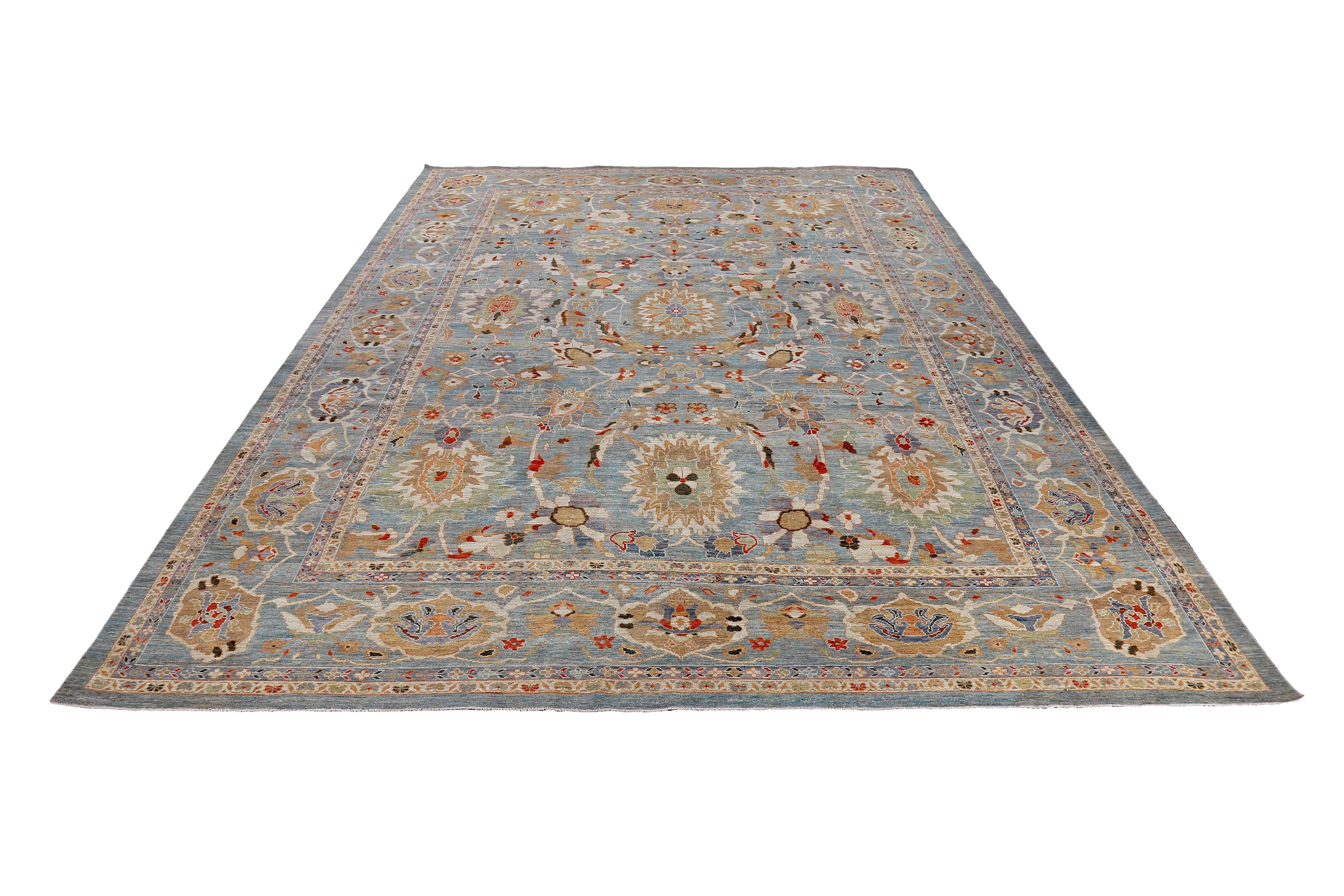 New handmade Turkish area runner rug from high quality sheep’s wool and colored with eco-friendly vegetable dyes that are proven safe for humans and pets alike. It’s a Classic Sultanabad design showcasing a regal blue field with prominent Herati