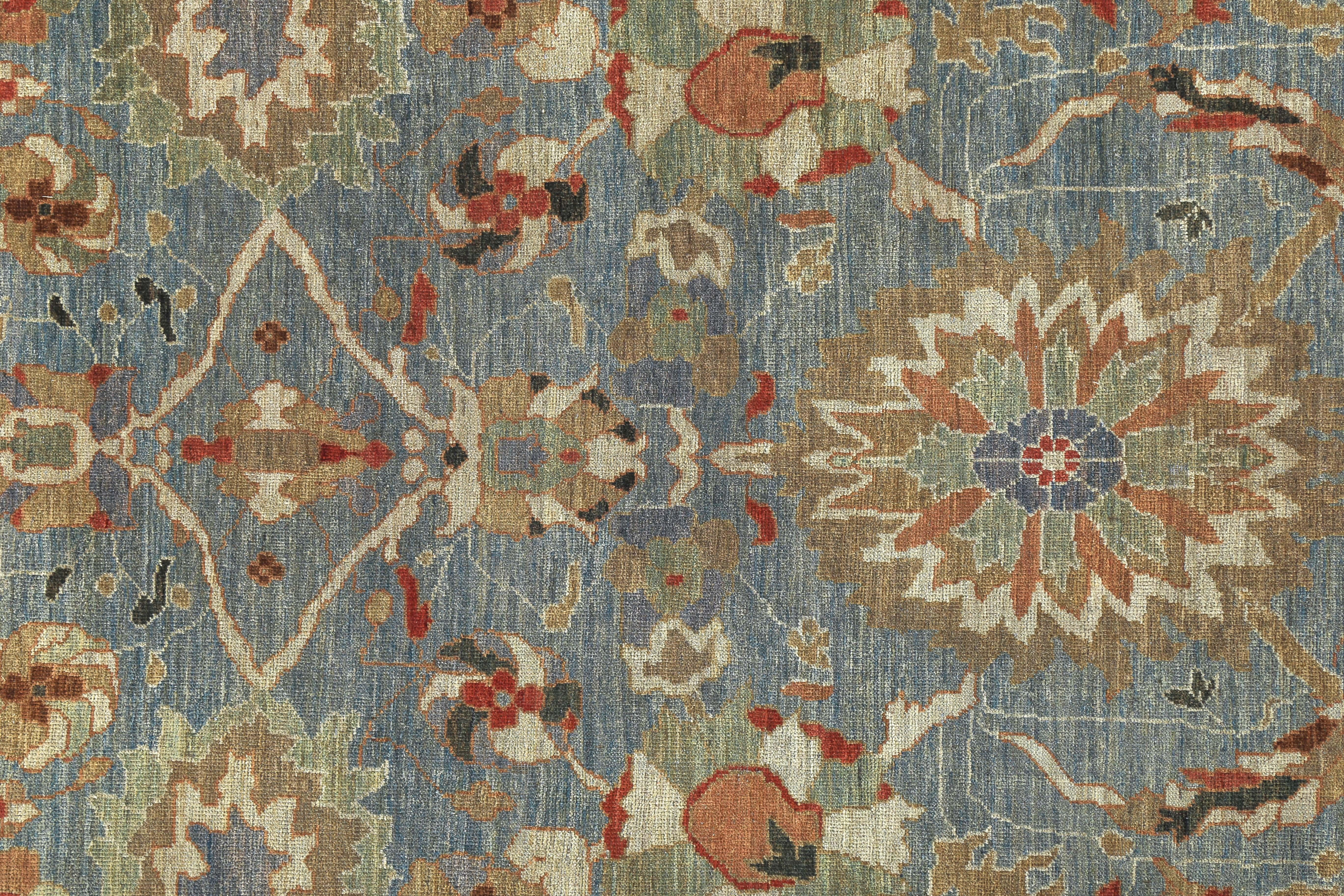 Hand-Woven New Turkish Rug Sultanabad Design with Beige Botanical Details Blue Field For Sale