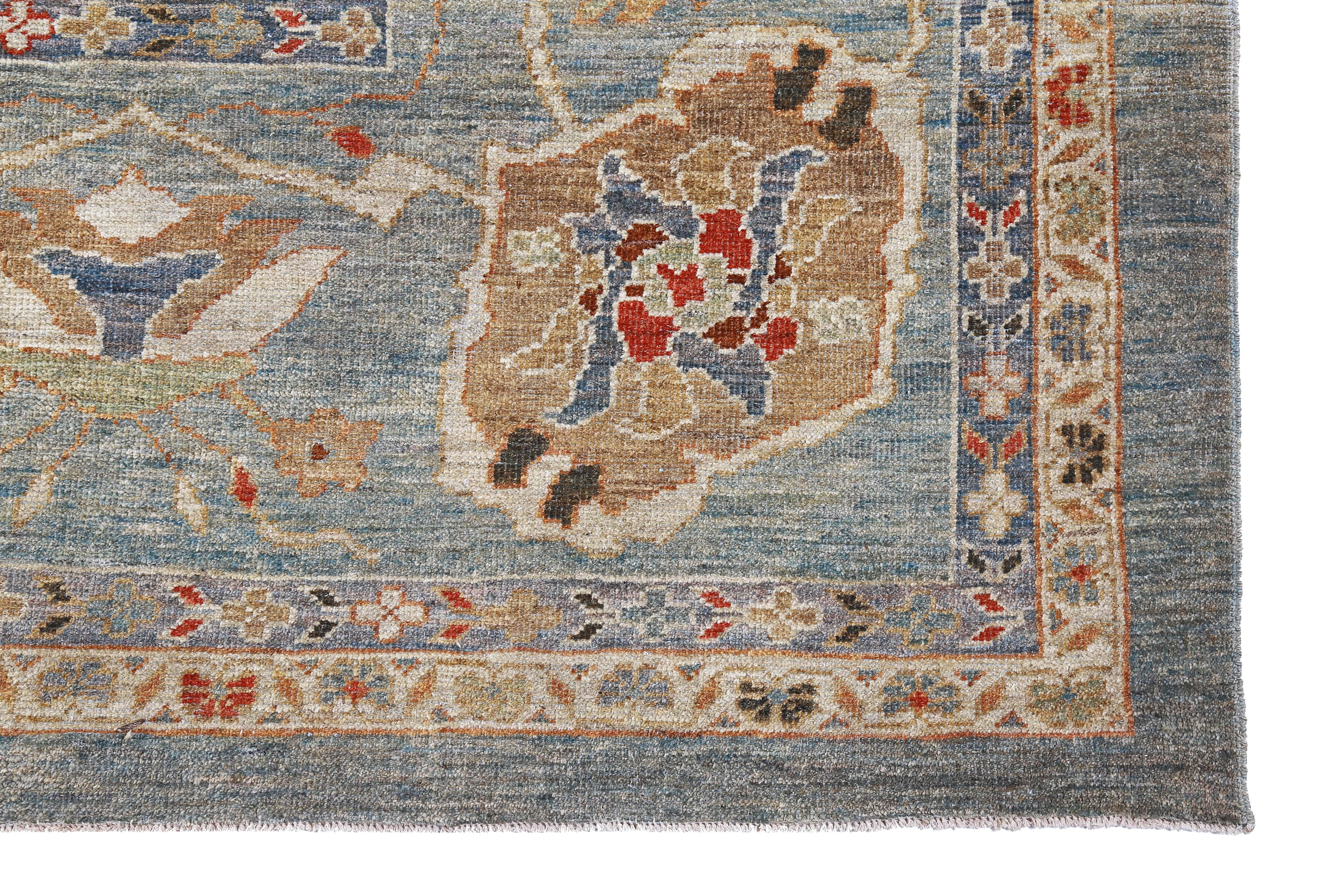 New Turkish Rug Sultanabad Design with Beige Botanical Details Blue Field In New Condition For Sale In Dallas, TX