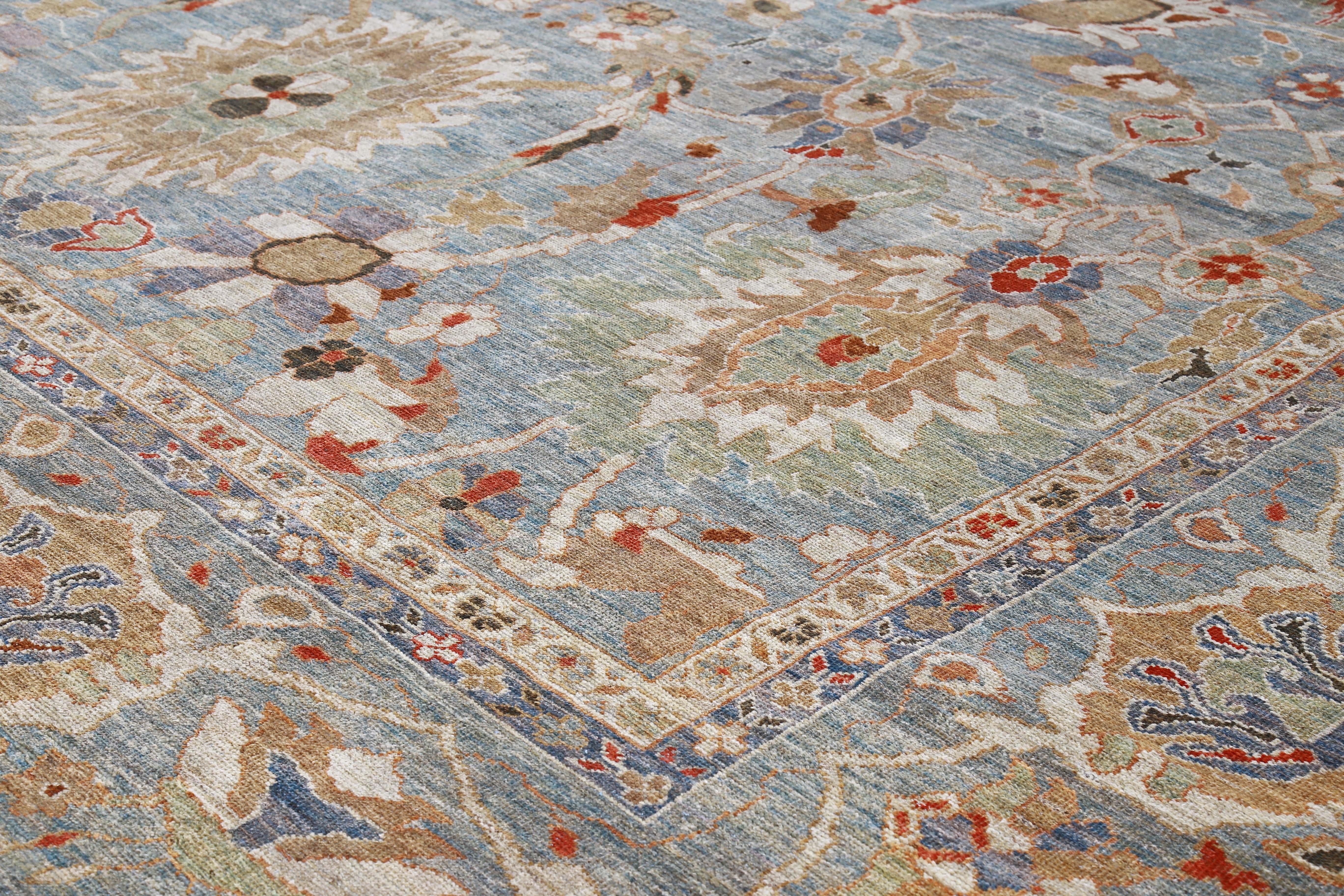 Contemporary New Turkish Rug Sultanabad Design with Beige Botanical Details Blue Field For Sale
