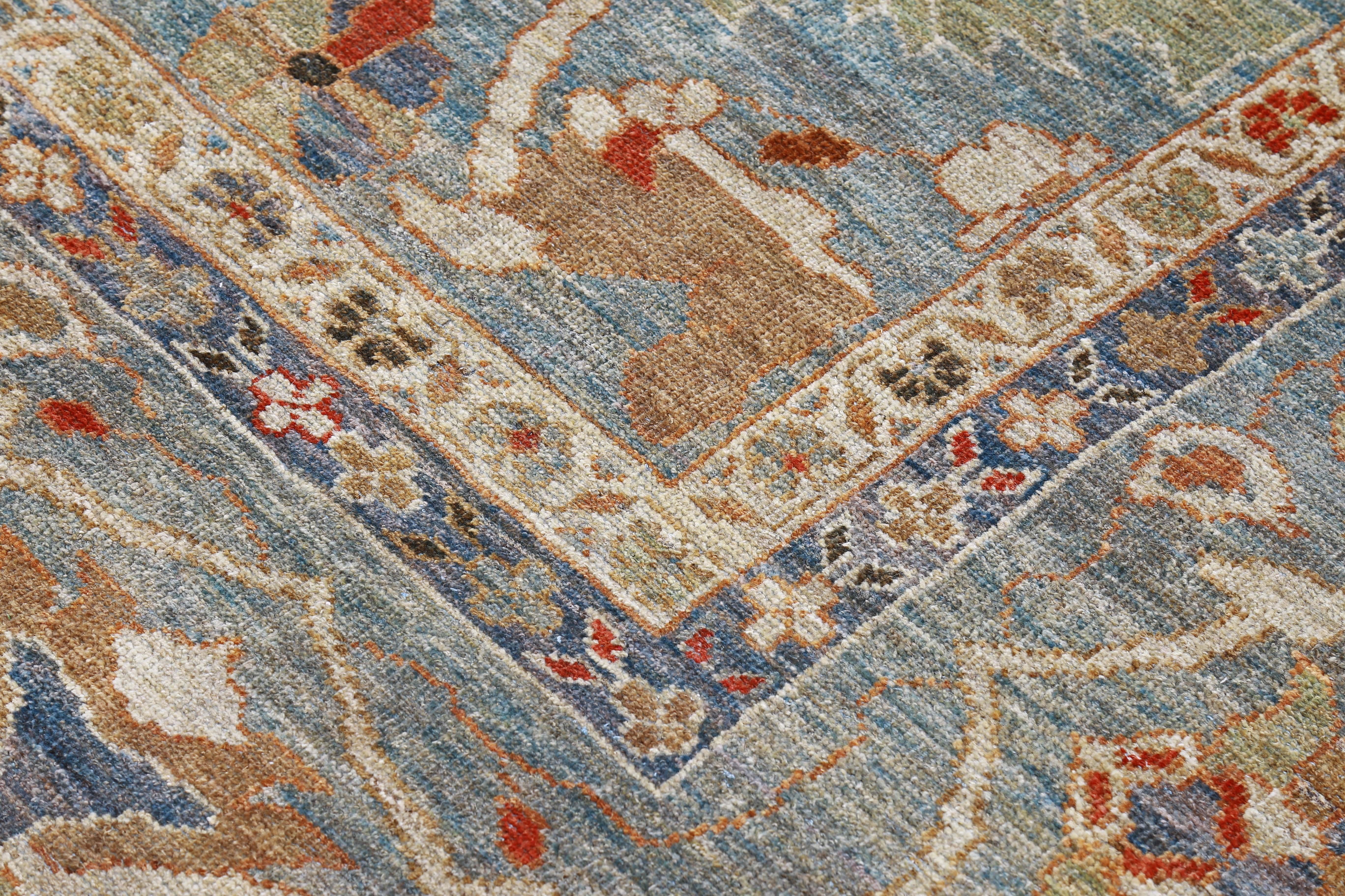 Wool New Turkish Rug Sultanabad Design with Beige Botanical Details Blue Field For Sale
