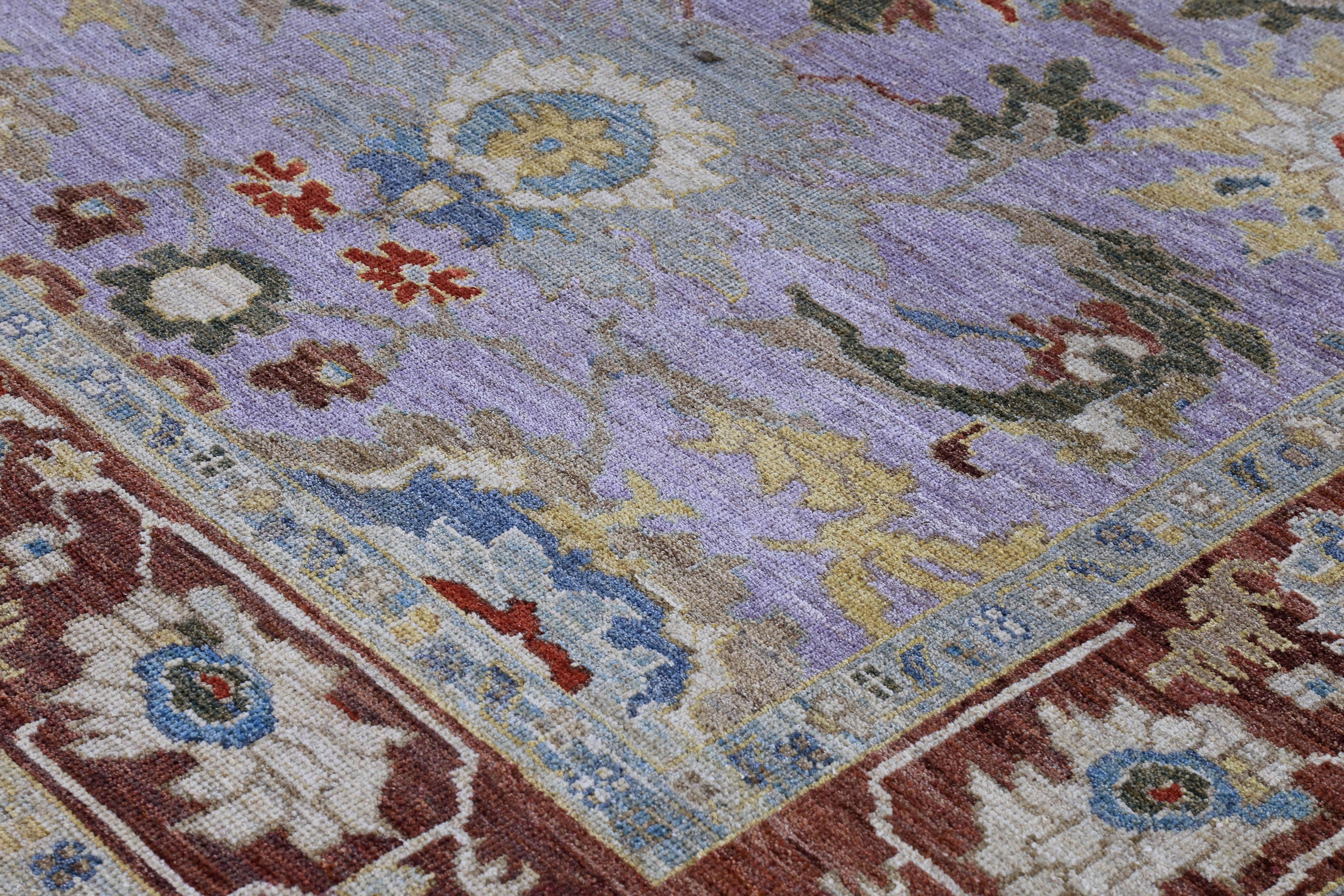 Hand-Woven New Turkish Rug Sultanabad Design with Brown, Blue and Purple Botanical Details For Sale