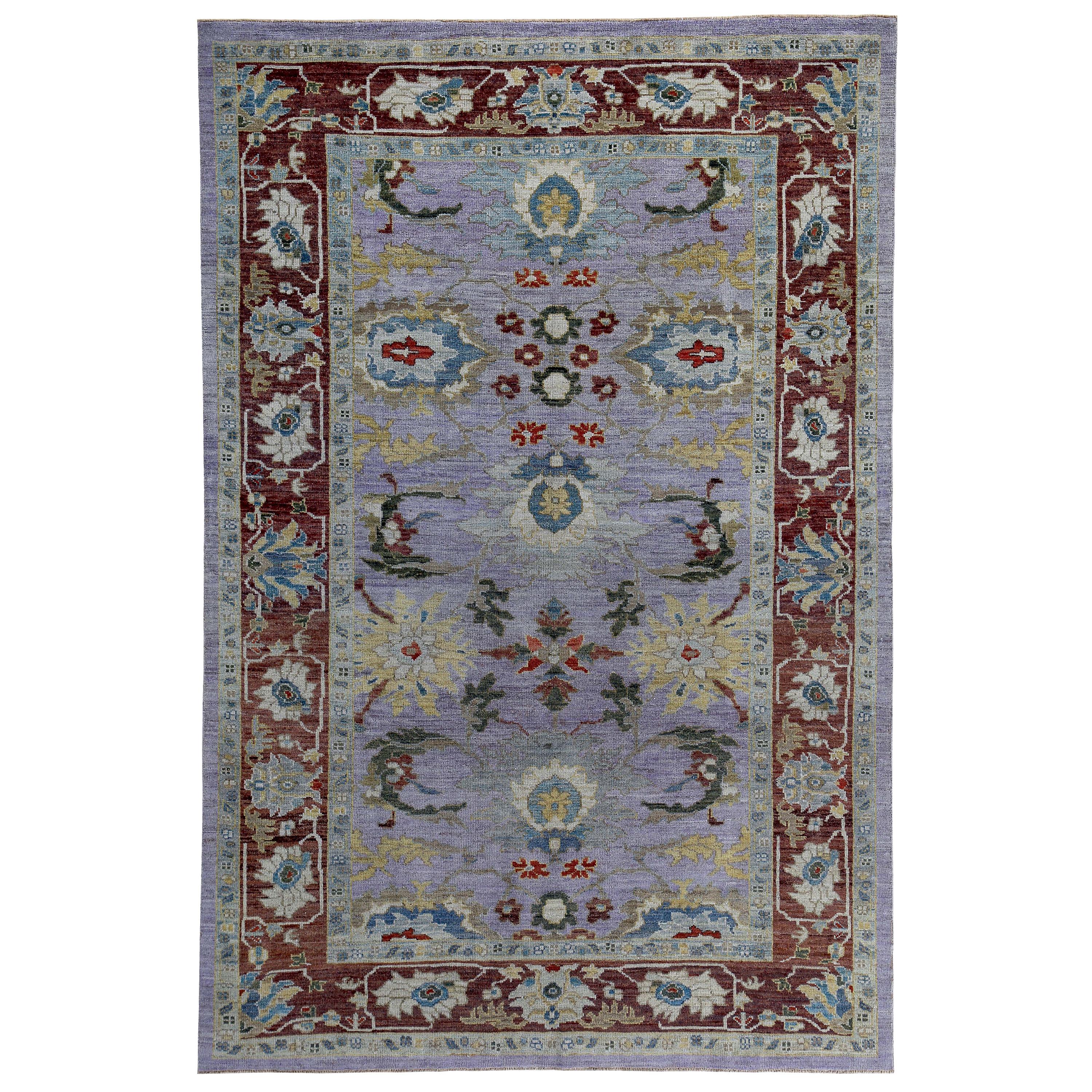 New Turkish Rug Sultanabad Design with Brown, Blue and Purple Botanical Details For Sale