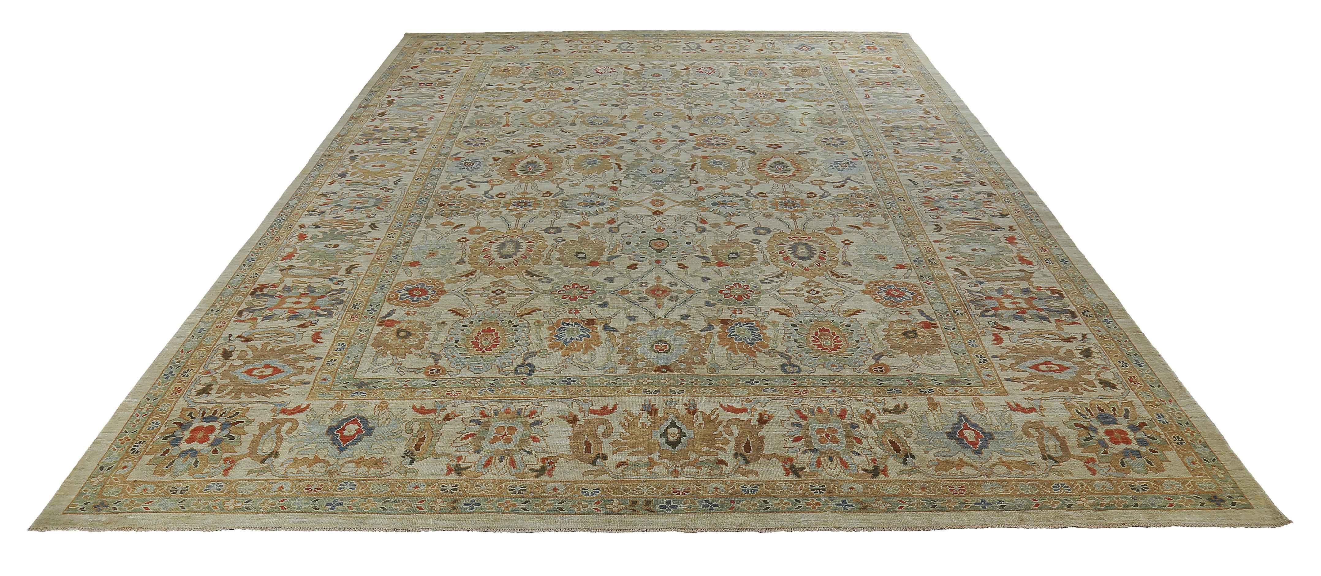 New handmade Turkish area rug from high quality sheep’s wool and colored with eco-friendly vegetable dyes that are proven safe for humans and pets alike. It’s a classic Sultanabad design showcasing a lovely ivory field with prominent Herati flower