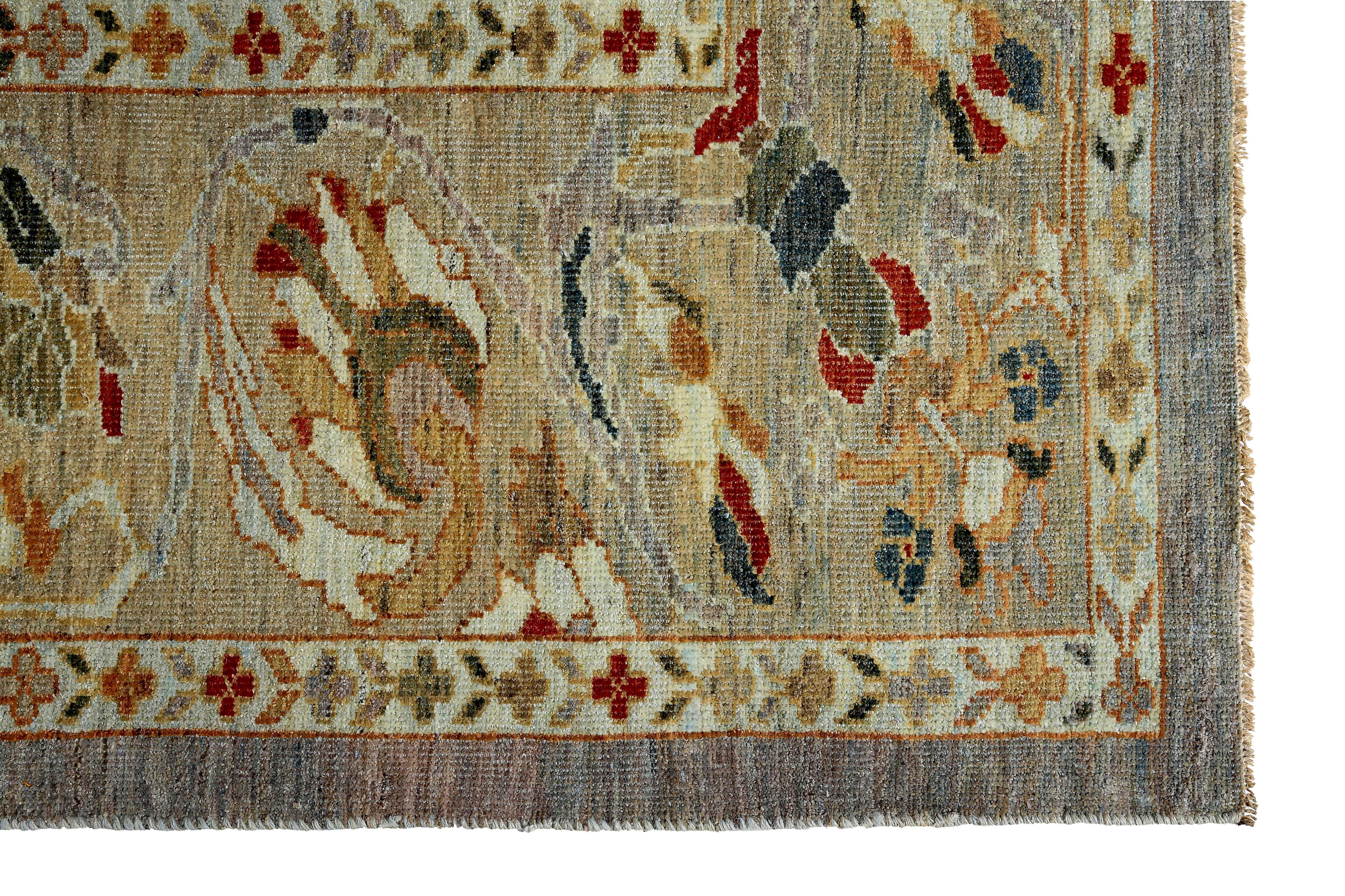 New Turkish Rug Sultanabad Design with Green and Red Botanical Details In New Condition For Sale In Dallas, TX