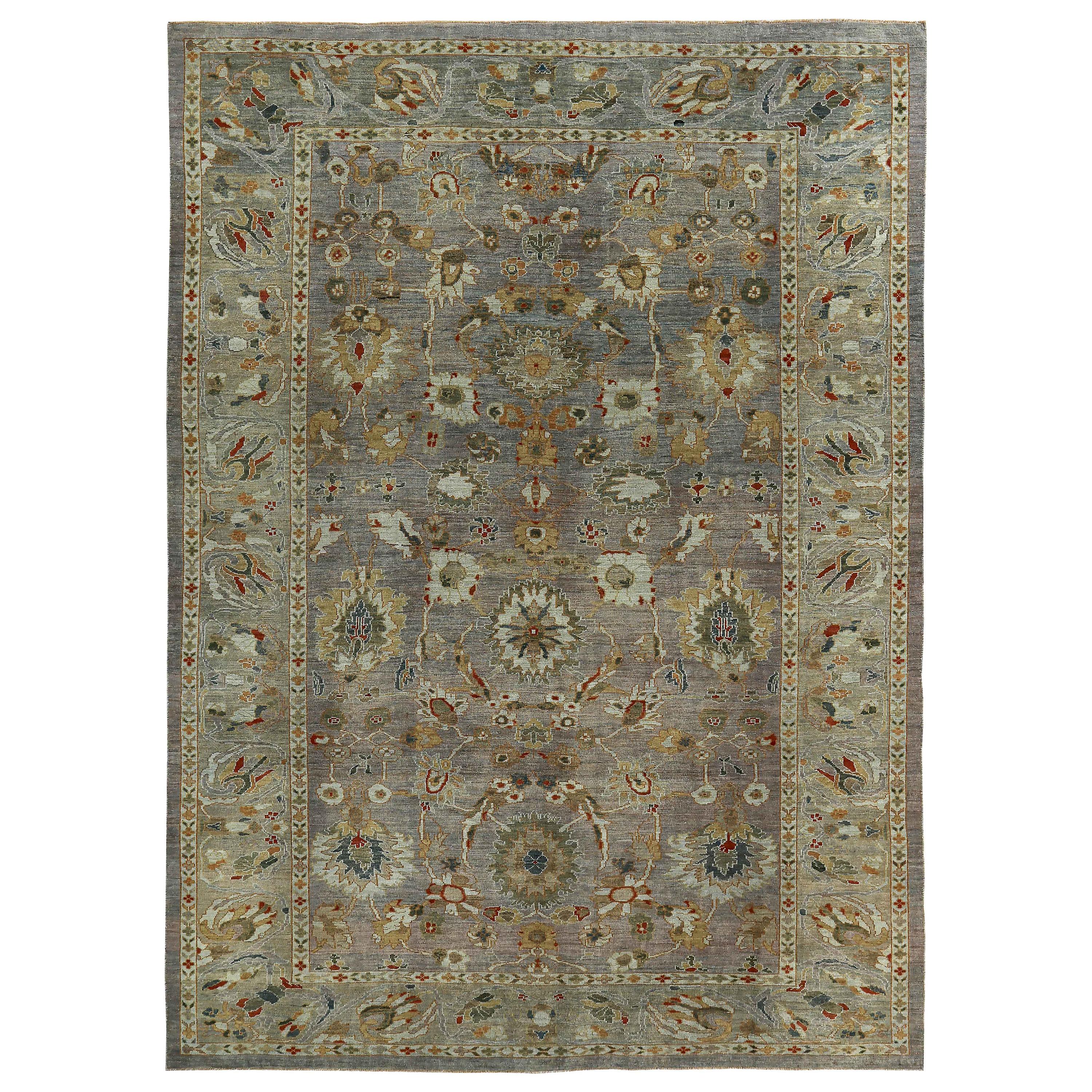 New Turkish Rug Sultanabad Design with Green and Red Botanical Details