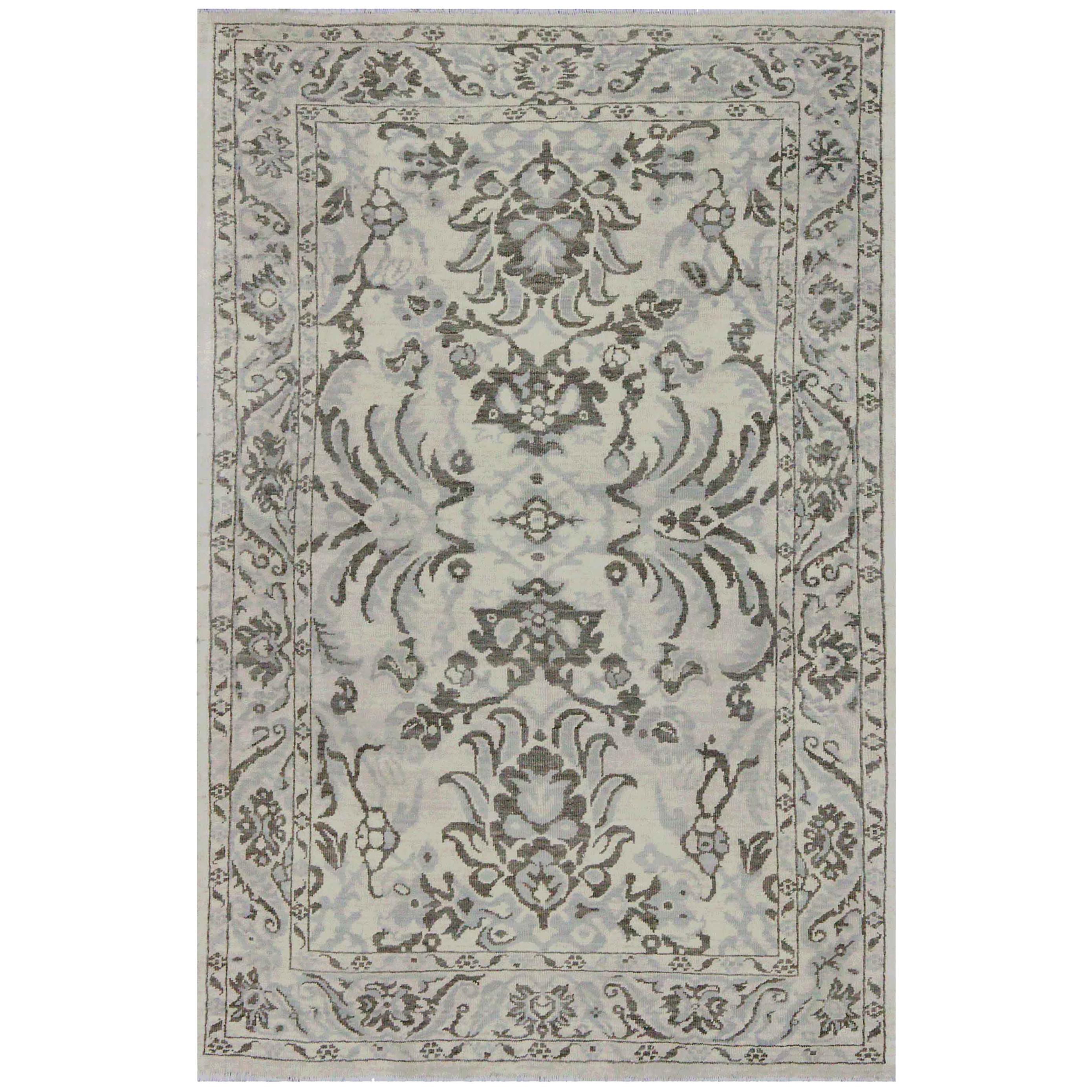 New Turkish Rug Sultanabad Design with Ivory and Gray Botanical Details