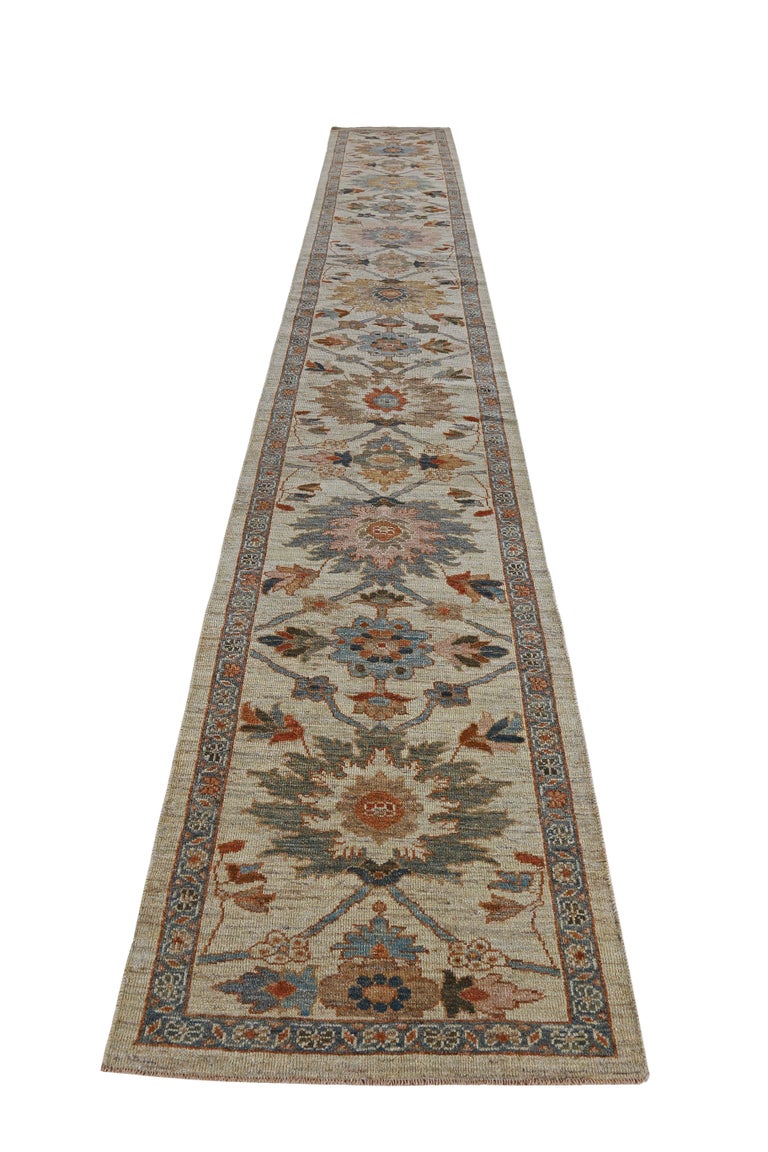 New Turkish Runner Rug Sultanabad Design with Brown and Beige Botanical Details For Sale at 1stDibs