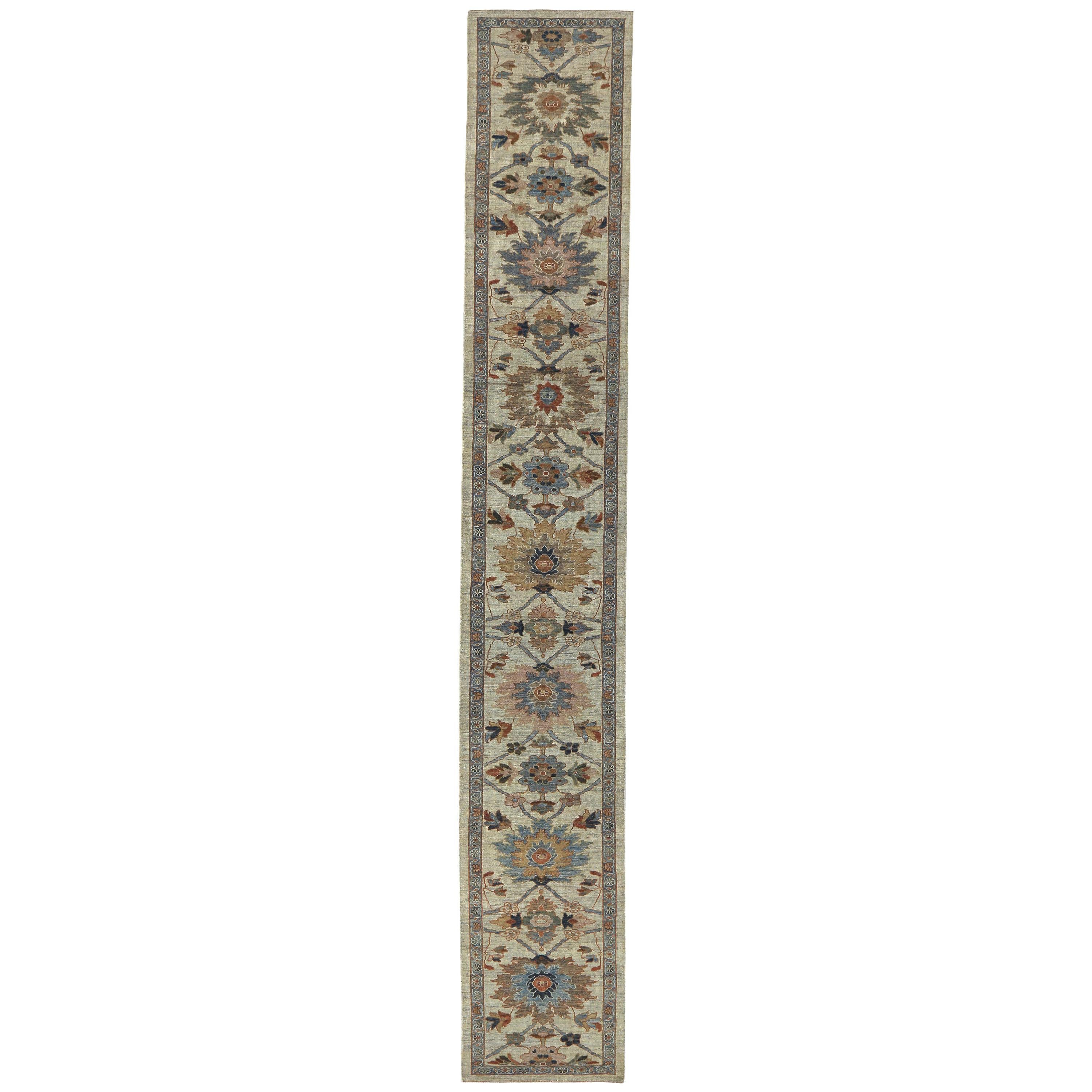 New Turkish Runner Rug Sultanabad Design with Brown and Beige Botanical Details