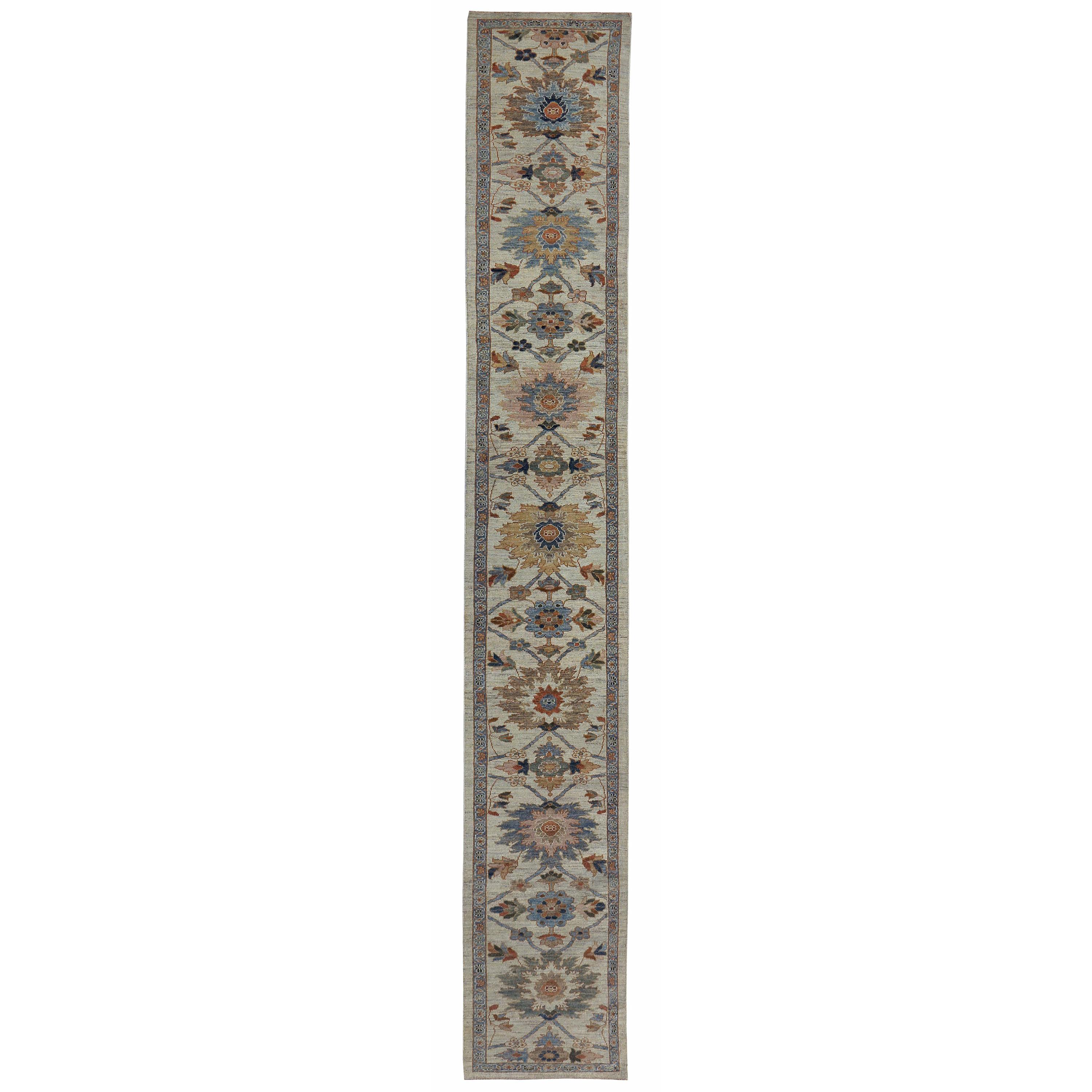 New Turkish Runner Rug Sultanabad Design with Rust and Beige Botanical Details For Sale