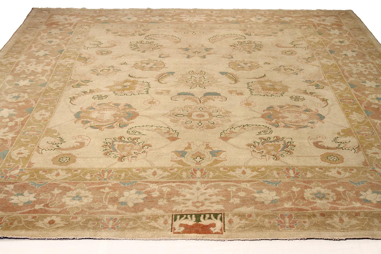 New handmade Turkish area rug from high-quality sheep’s wool and colored with eco-friendly vegetable dyes that are proven safe for humans and pets alike. It’s a traditional Sultanabad design showcasing a regal ivory field with prominent Herati