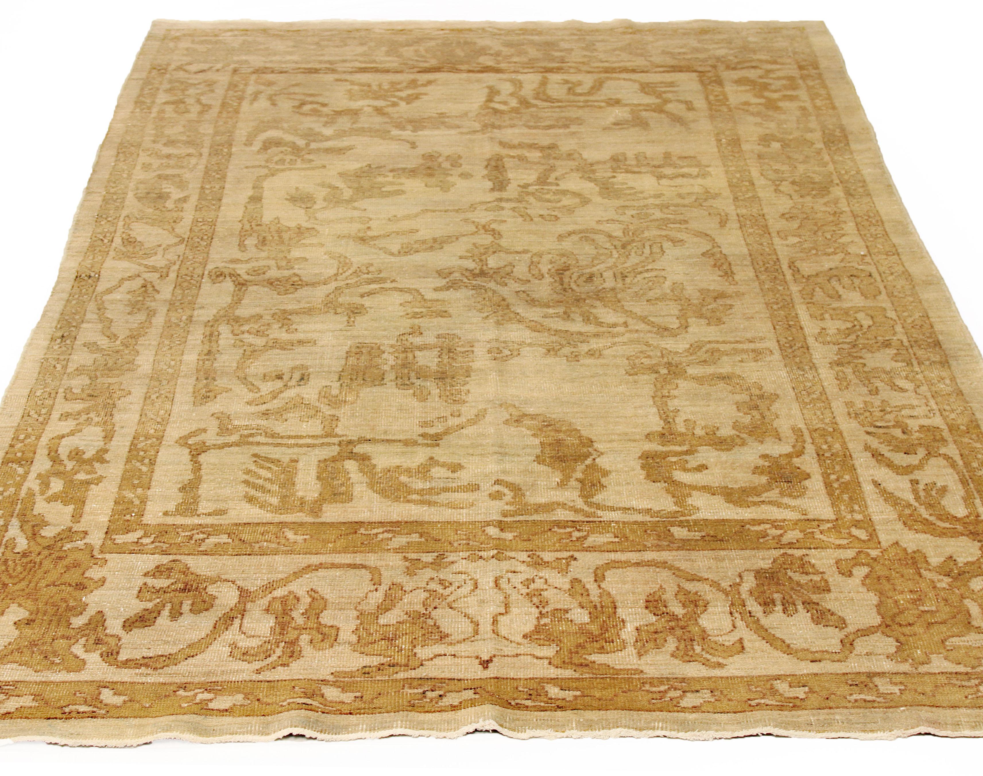 New handmade Turkish area rug from high-quality sheep’s wool and colored with eco-friendly vegetable dyes that are proven safe for humans and pets alike. It’s a Classic Sultanabad design showcasing a regal ivory field with prominent Herati flower