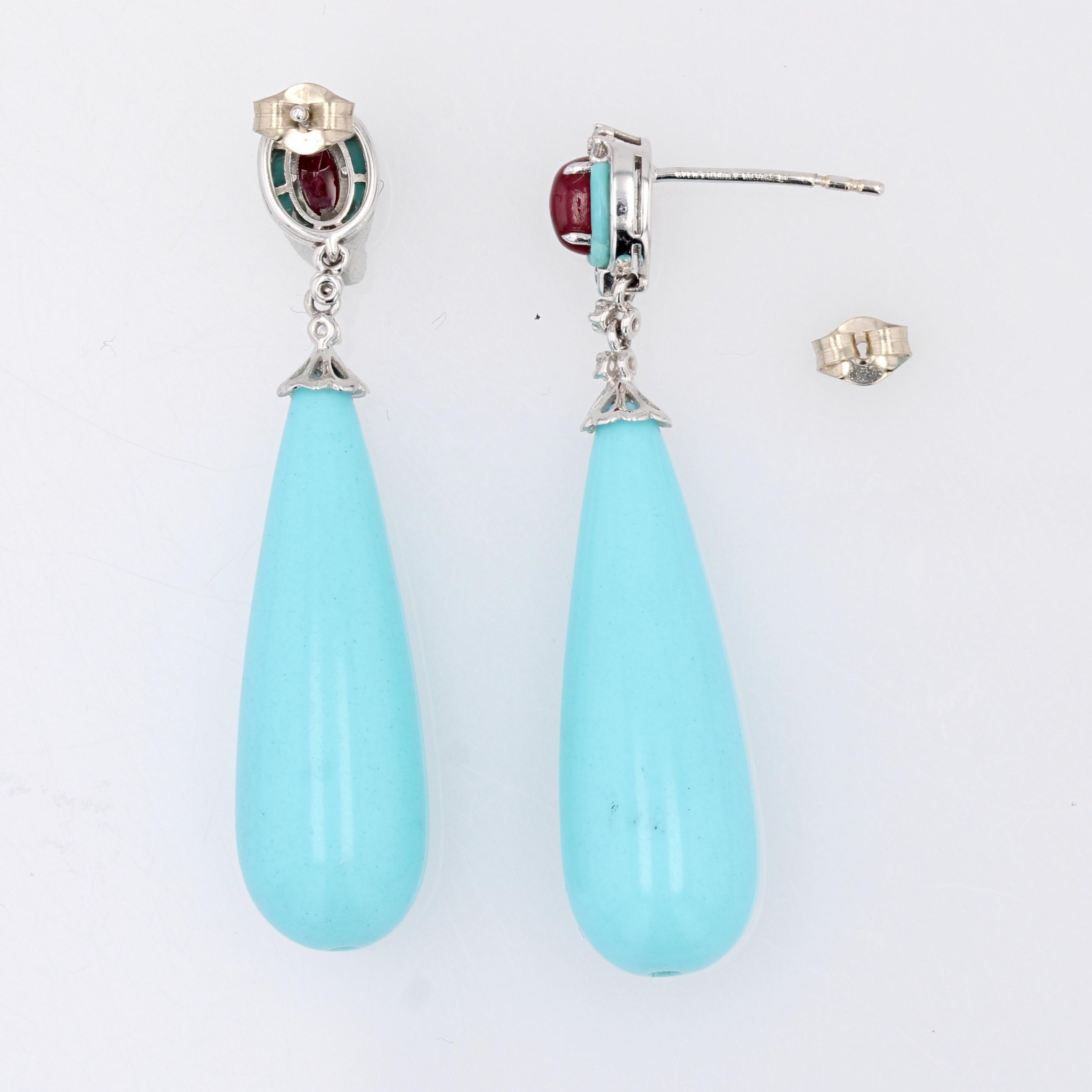 New Turquoise Rubies Diamonds 18 Karat White Gold Dangle Earrings For Sale 4