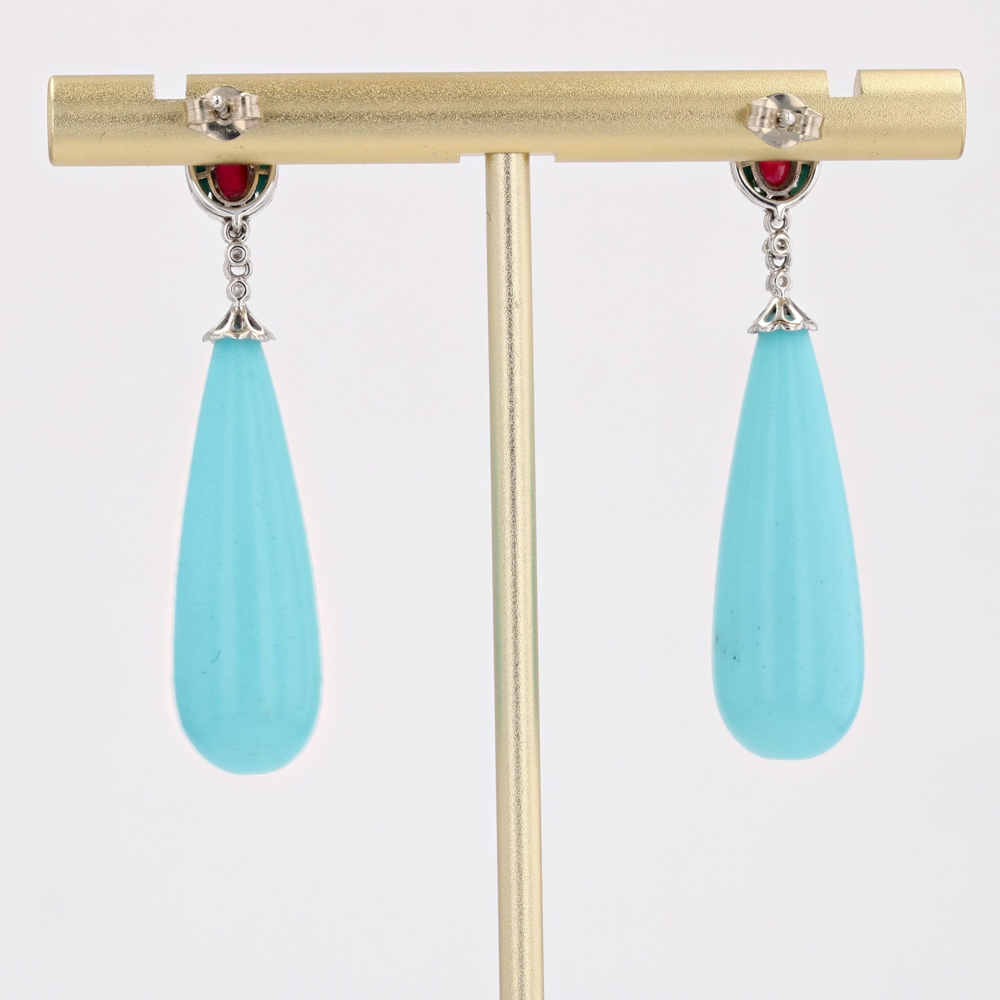 New Turquoise Rubies Diamonds 18 Karat White Gold Dangle Earrings For Sale 5