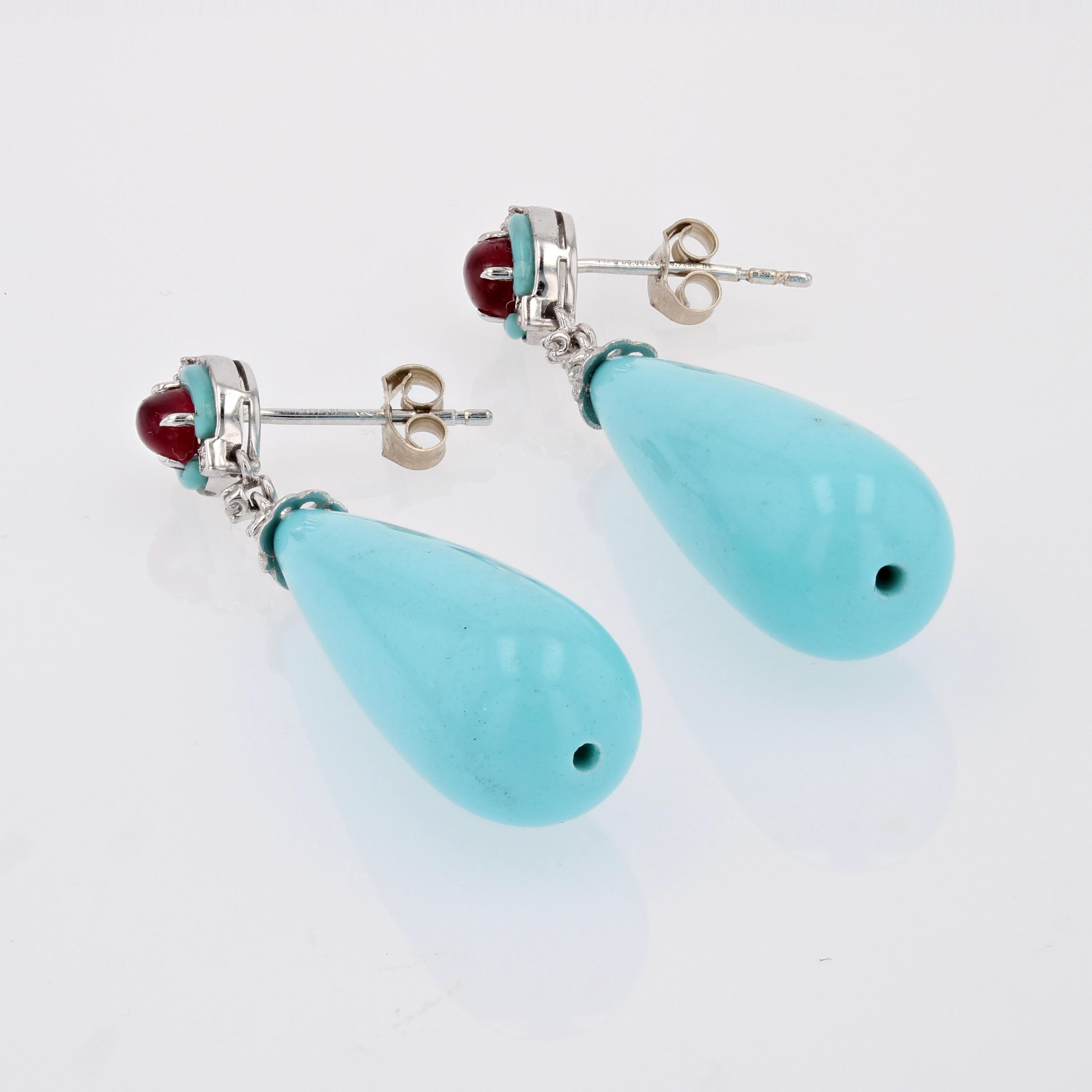 Modern New Turquoise Rubies Diamonds 18 Karat White Gold Dangle Earrings For Sale
