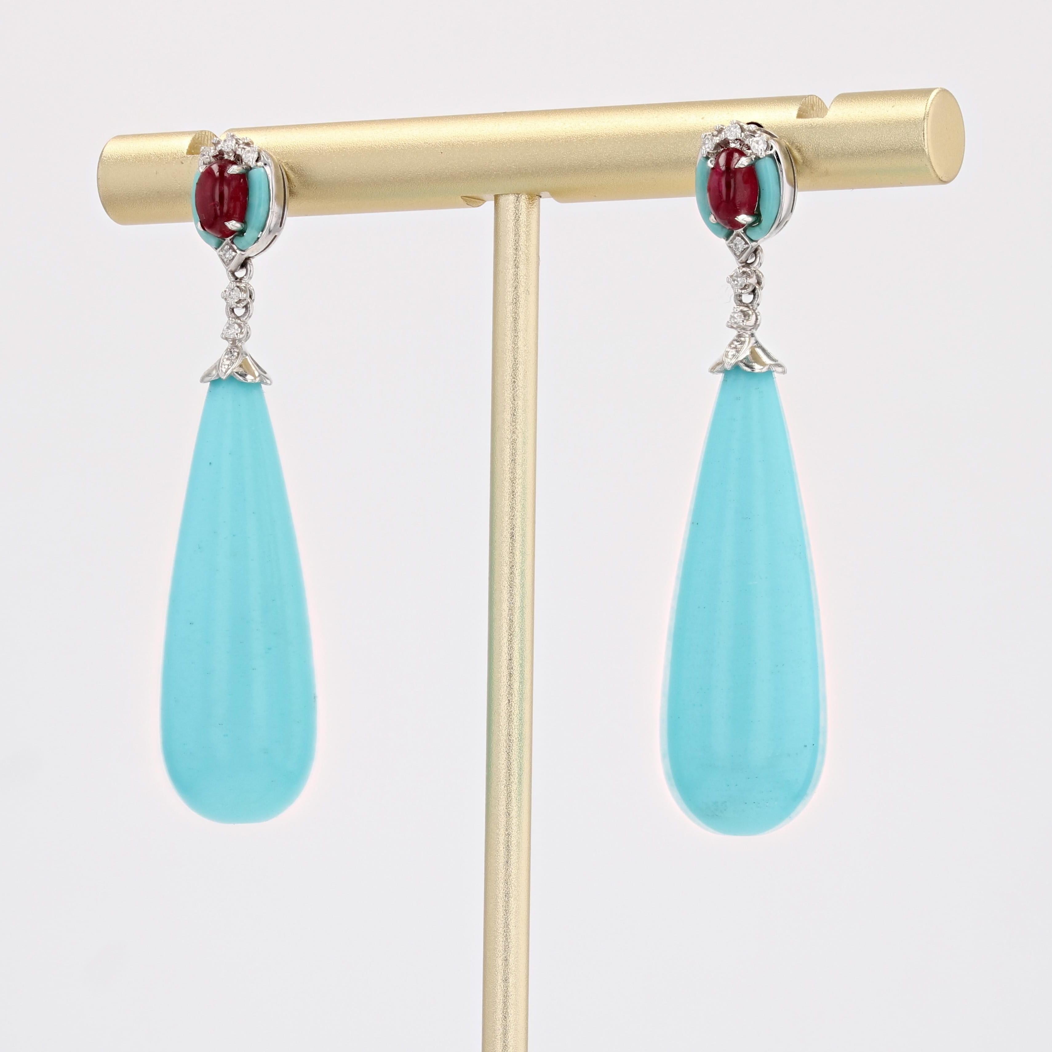 Cabochon New Turquoise Rubies Diamonds 18 Karat White Gold Dangle Earrings For Sale