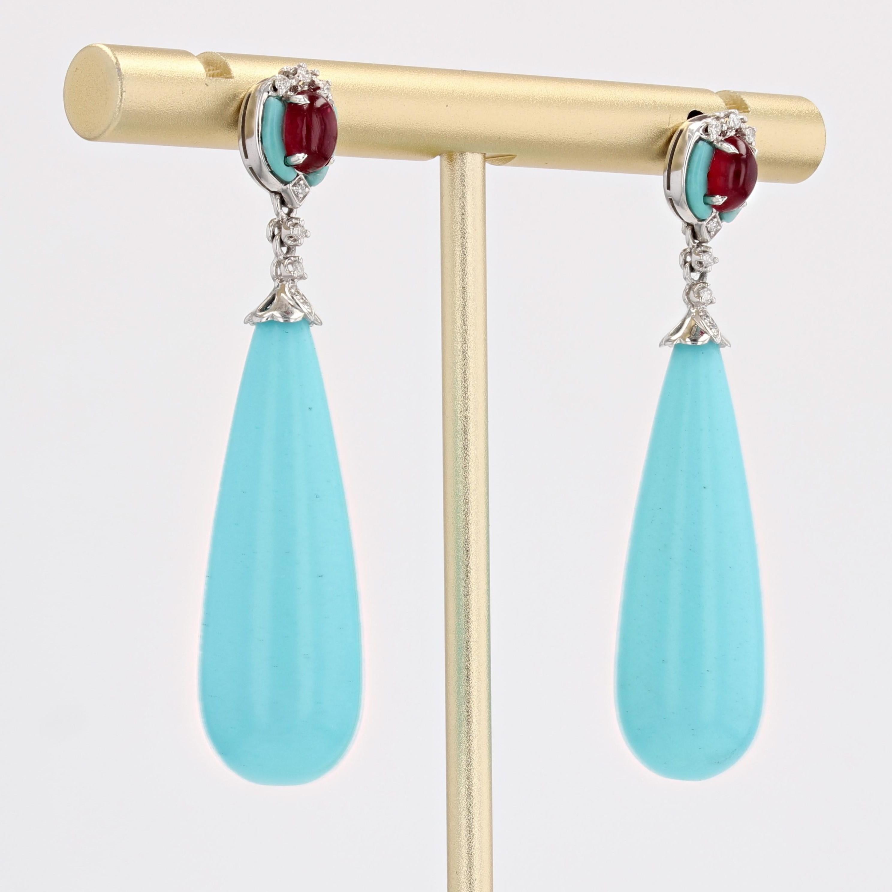 New Turquoise Rubies Diamonds 18 Karat White Gold Dangle Earrings In New Condition For Sale In Poitiers, FR