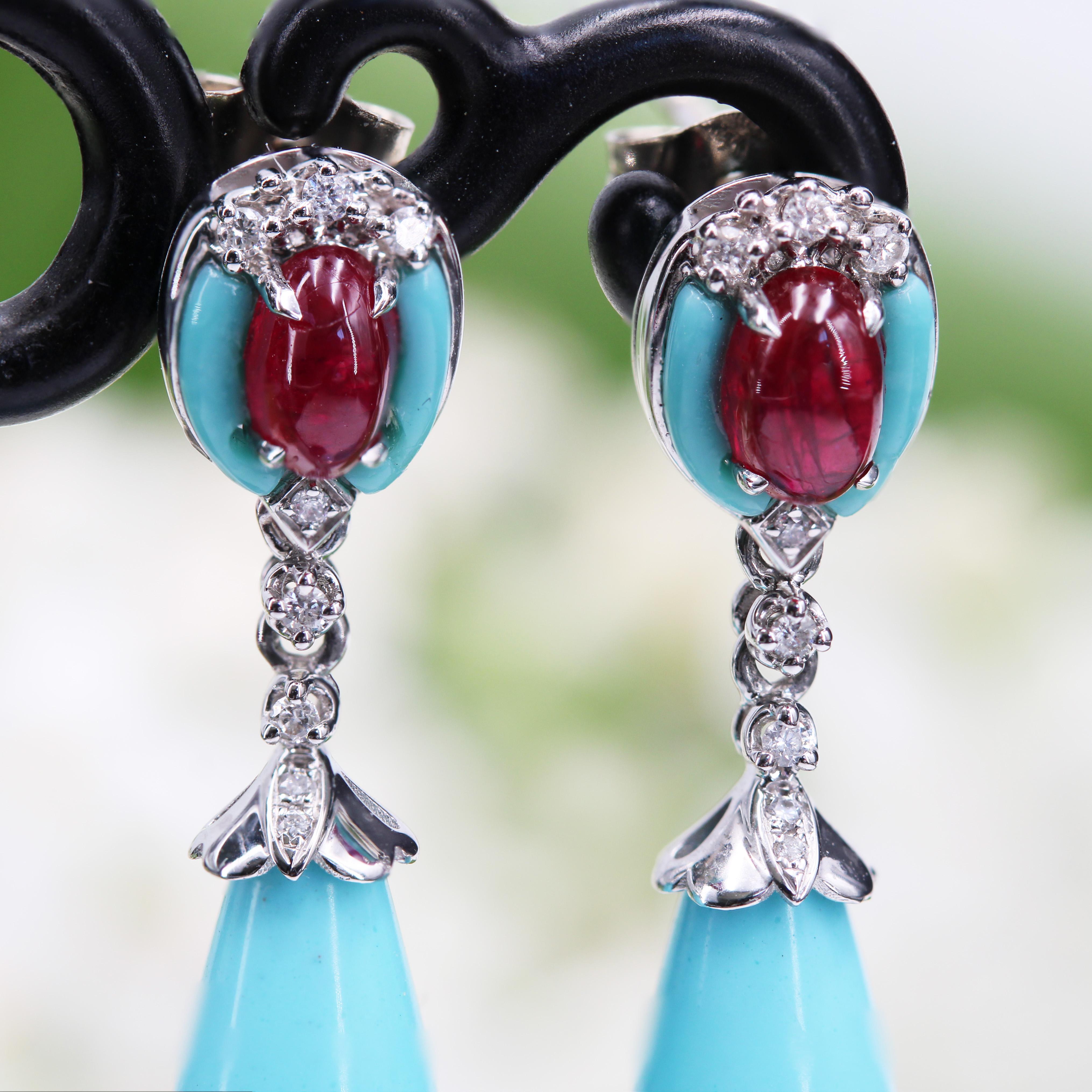 New Turquoise Rubies Diamonds 18 Karat White Gold Dangle Earrings For Sale 3