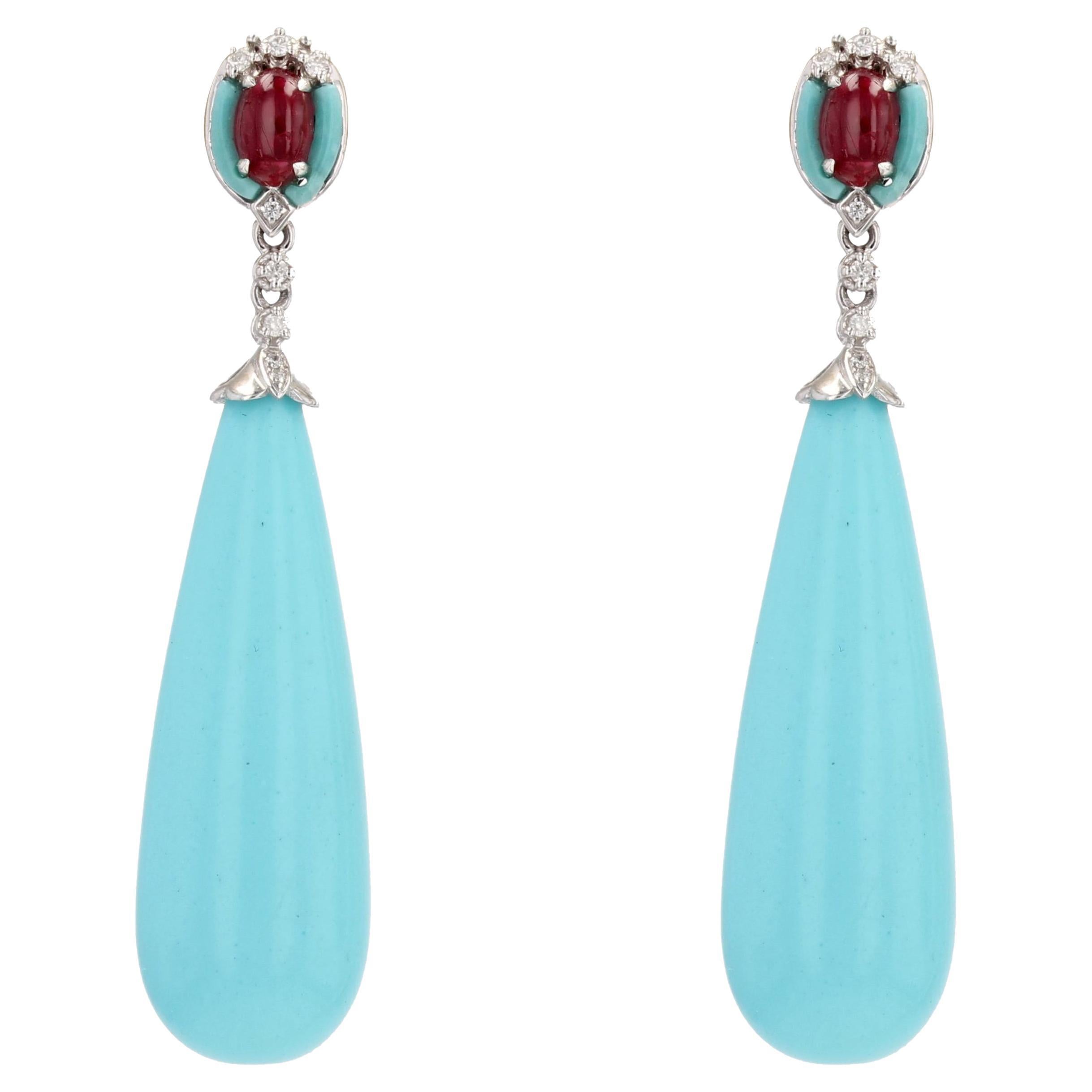 New Turquoise Rubies Diamonds 18 Karat White Gold Dangle Earrings For Sale