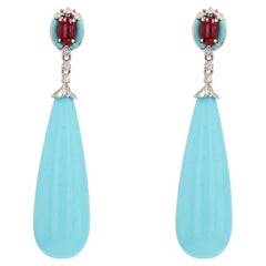 New Turquoise Rubies Diamonds 18 Karat White Gold Dangle Earrings