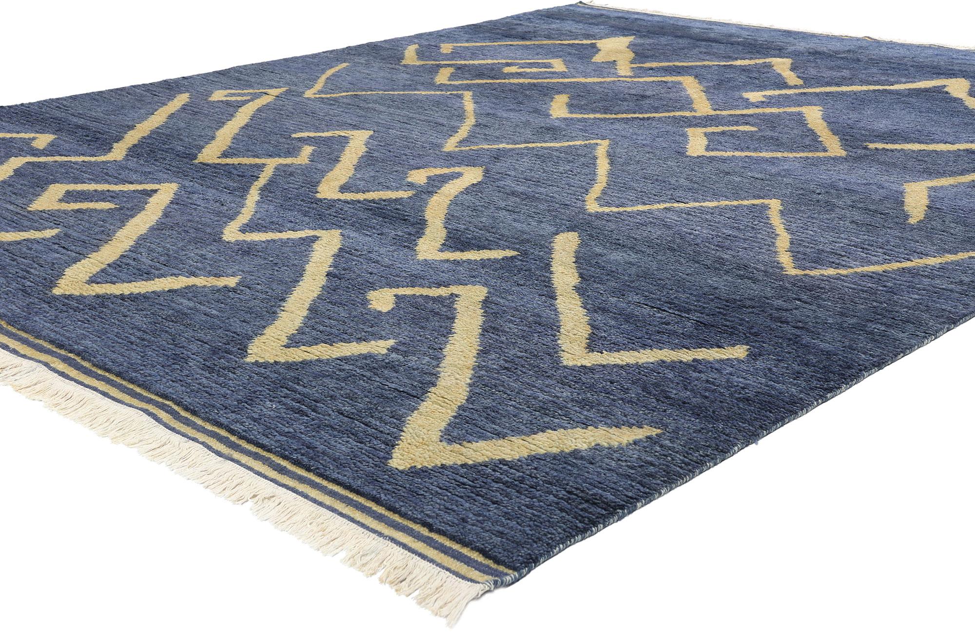 31207 New Twilight Azure Cascade Modern Blue Moroccan Rug, 08'01 x 10'00. The hand knotted wool Twilight Azure Cascade Blue Moroccan rug is a stunning fusion of contemporary elegance and Indian craftsmanship, capturing the fluidity and grace of