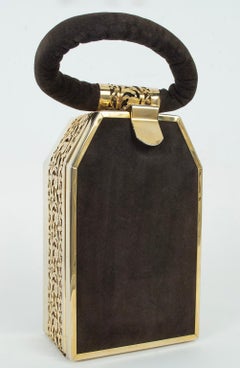 New Tyrolean Brown Suede Mini Steamer Trunk 24-Karat Gold Plate Filigree, 1940s