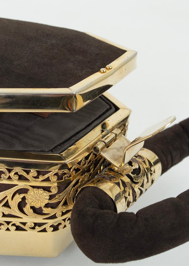 New Tyrolean Brown Suede Mini Steamer Trunk 24Karat Gold Plate