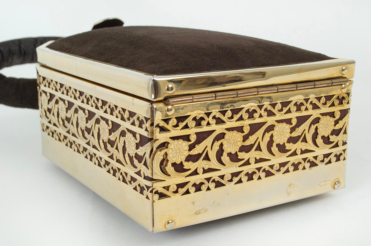 New Tyrolean Brown Suede Mini Steamer Trunk 24-Karat Gold Plate Filigree, 1940s For Sale 1